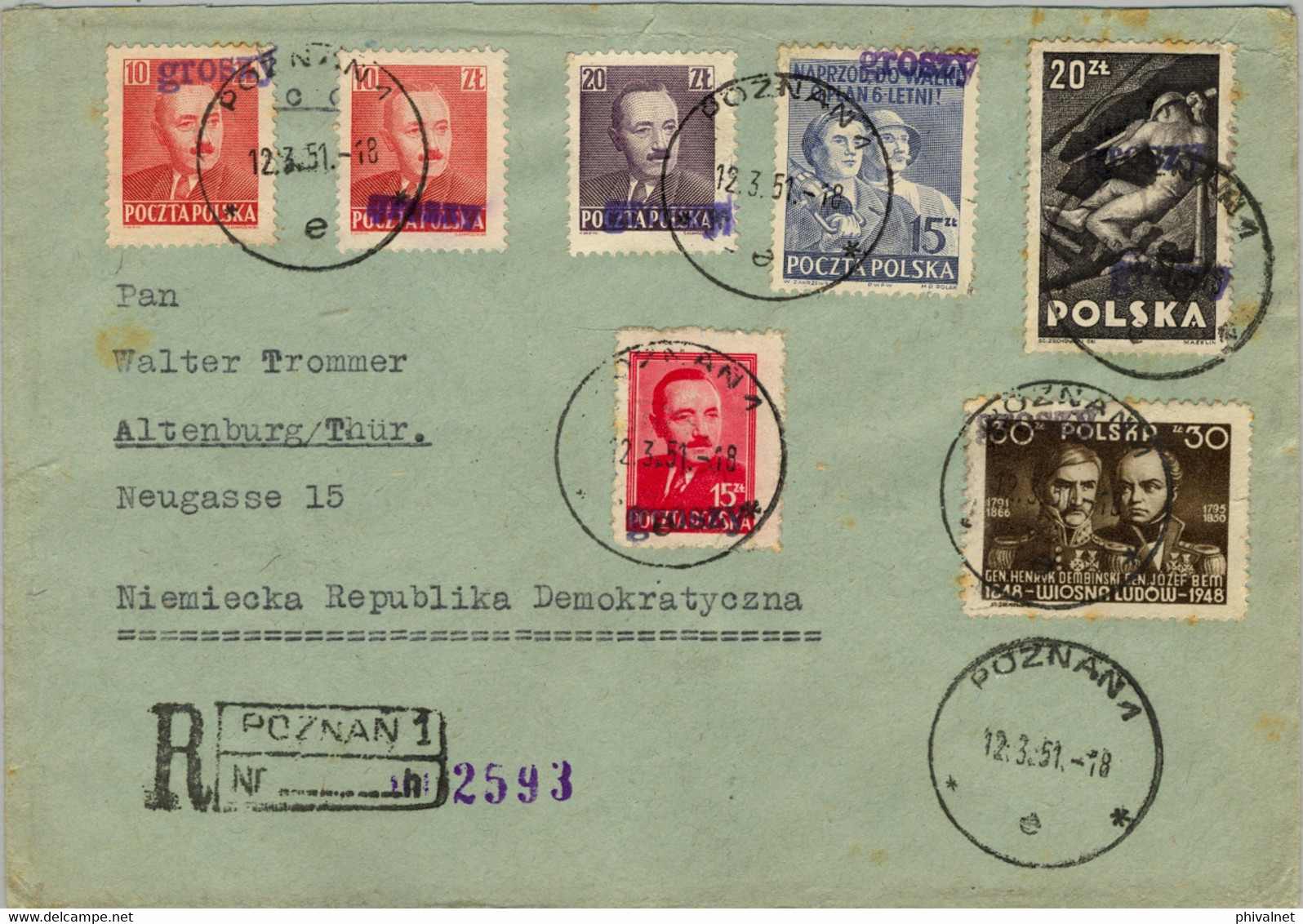 1951 POLONIA , CERTIFICADO POZNAN - ALTENBURG , LLEGADA , SOBRECARGA " GROSZY " , FRANQUEO MÚLTIPLE - Covers & Documents