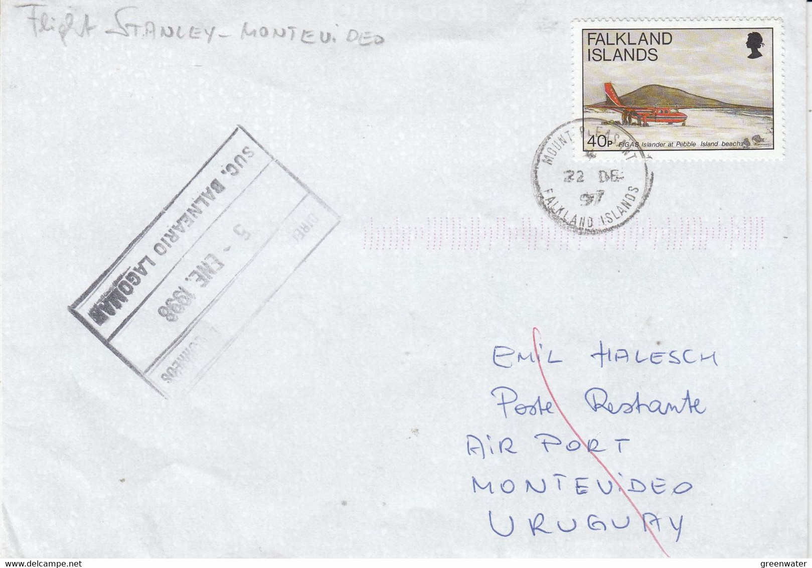 Falkland Islands 1997 Cover Send To Montevideo Ca Mount Plaisant 22 DE 97 (FL211) - Falklandeilanden