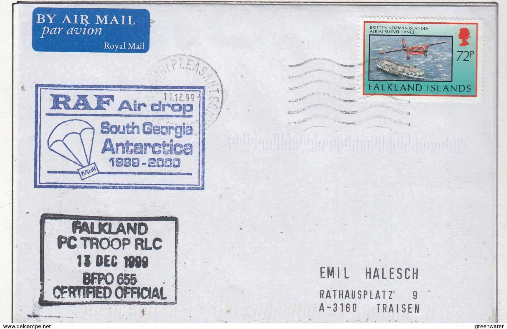 Falkland Islands 1999 Cover Ca RAF Air Drop South Georgia Ca PC Troop Rlc Ca Mount Plaisant 11.12.99 (FL211B) - Falkland Islands