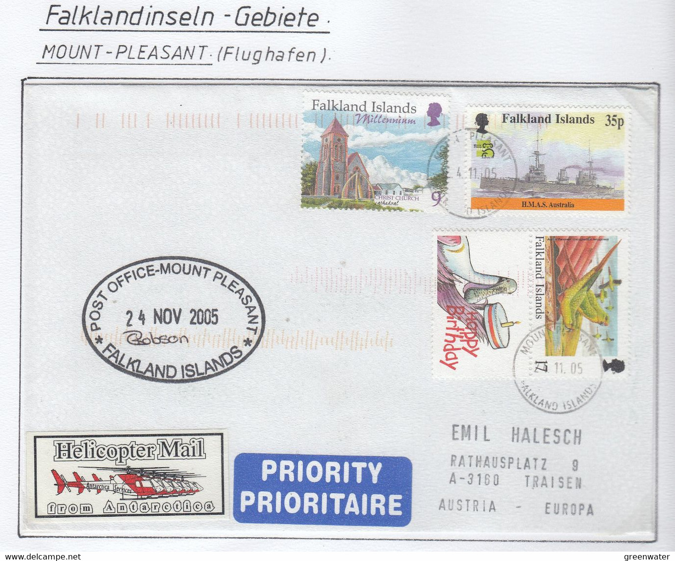 Falkland Islands 2005 Cover  Ca Post Office Mount Pleasant Ca Mount Pleasant 24.11.05  (FL212B) - Isole Falkland