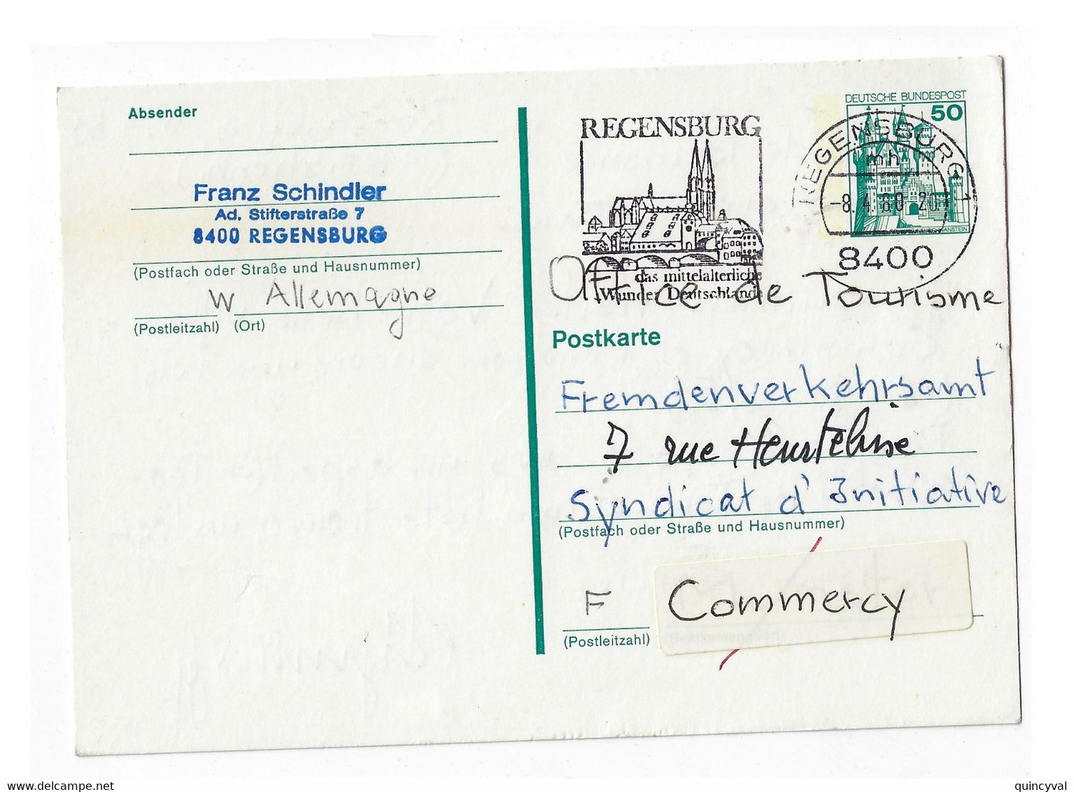 REGENSBURCH 8400 Ganzachenkarte 50 Pf Nach Frankreichh Commercy Lothringen 8 4 1980 - Cartes Postales - Oblitérées