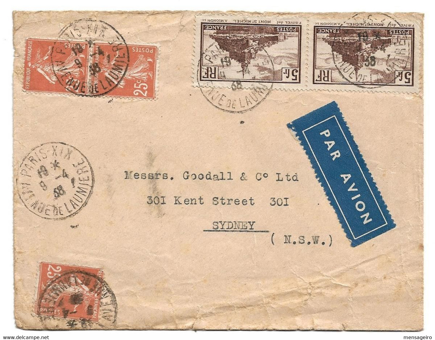 (C04) - Y&T N°S 260 X2 + 235 X3- LETTRE AVION PARIS => AUSTRALIE 1938 - TARIF 6-11 GRS DU 01/08/1937 - Brieven En Documenten