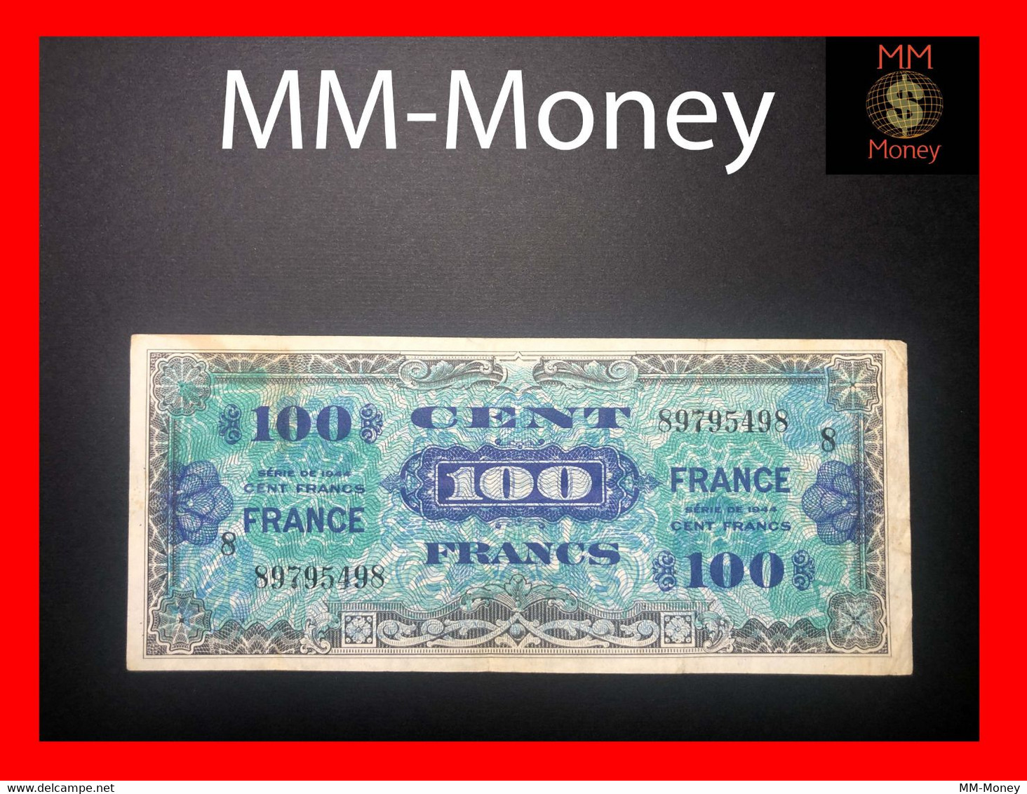 FRANCE  100 Francs  1944  "block 8"   P. 123    VF - 1944 Vlag/Frankrijk