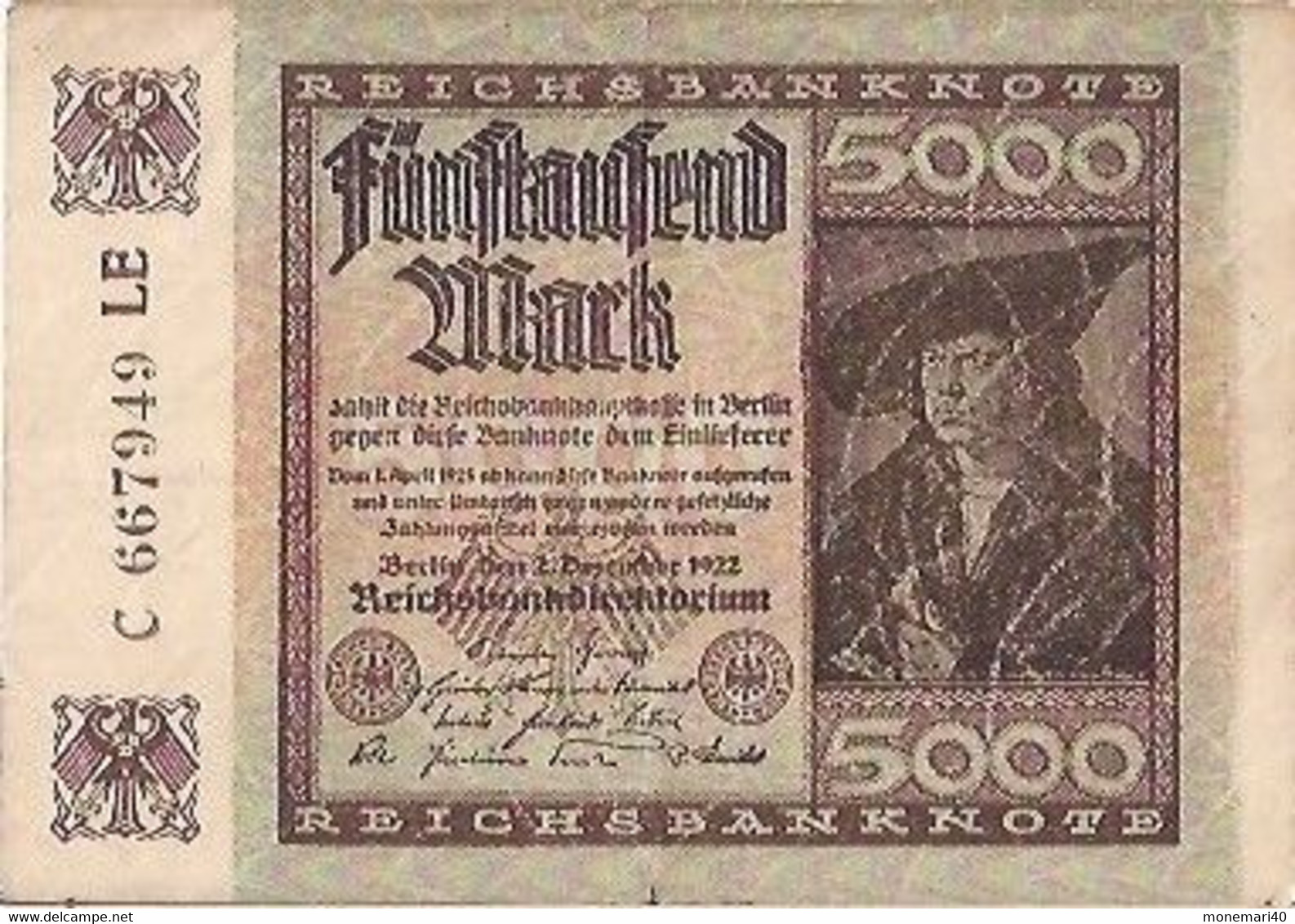 ALLEMAGNE 5000 MARK - C 667949 E - REICHSBANKNOTE - 2 DÉCEMBRE 1922 - 5.000 Mark