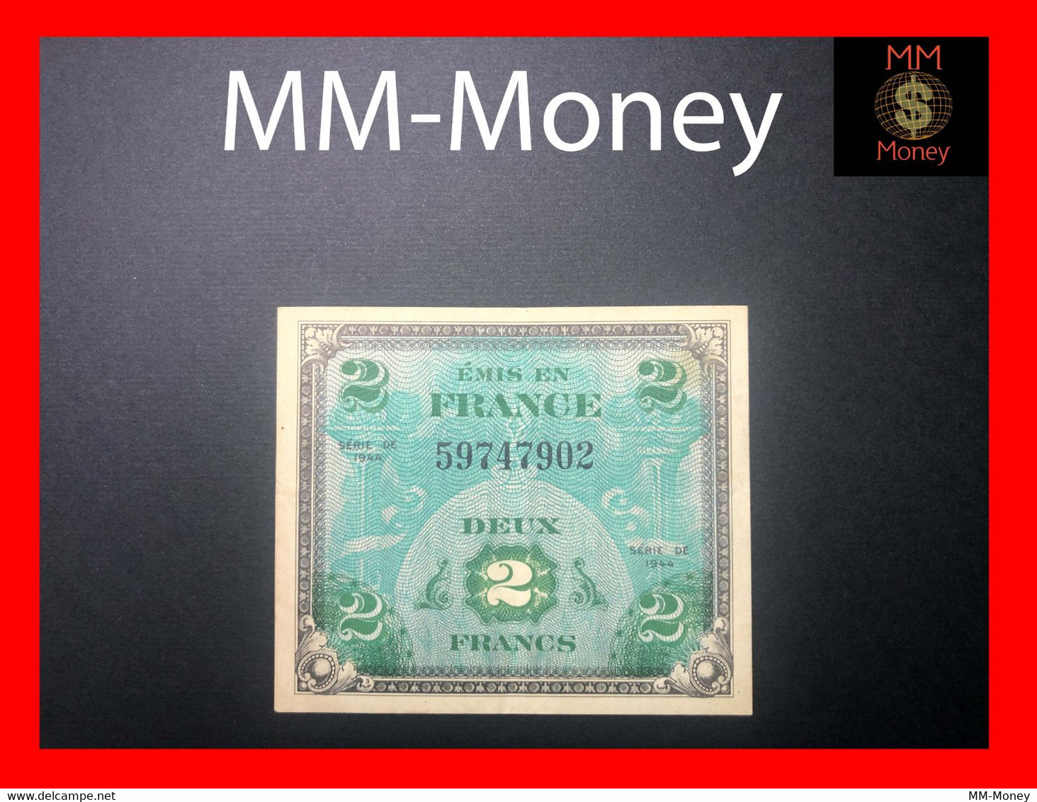 FRANCE   2 Francs  1944  "without Block"   P. 114    VF+ - 1944 Flag/France