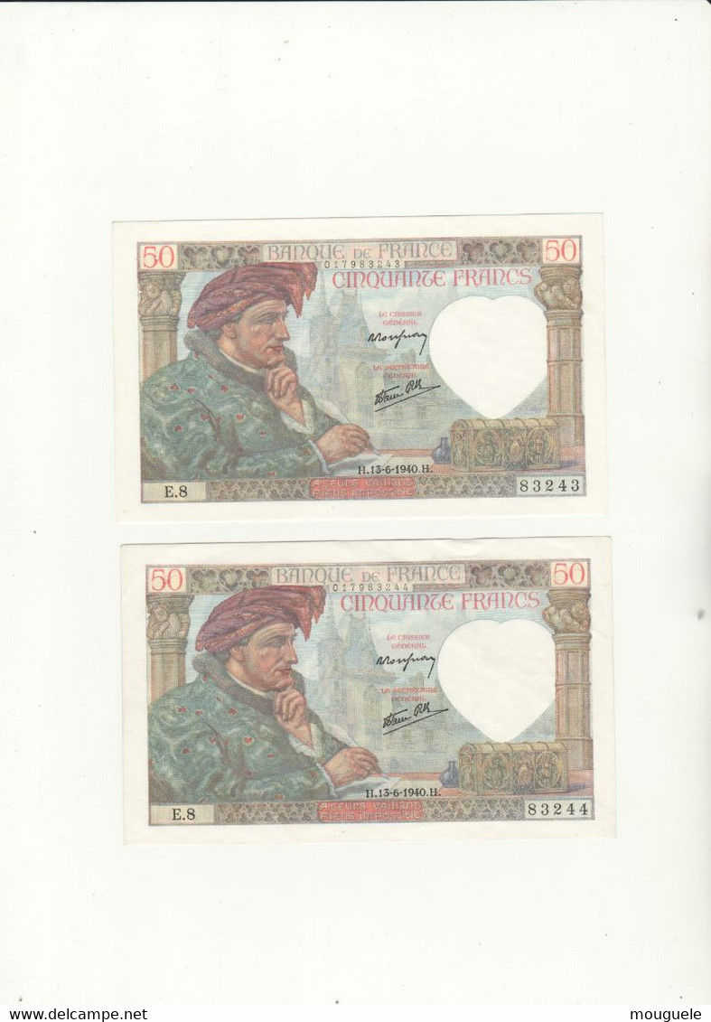 Splendide Suite De 2 Billets Avec N° Se Suivant 50 Francs Jacques Coeur  2 Trous D'épinglages Date 13-6-1940 Belle Cote - 50 F 1940-1942 ''Jacques Coeur''