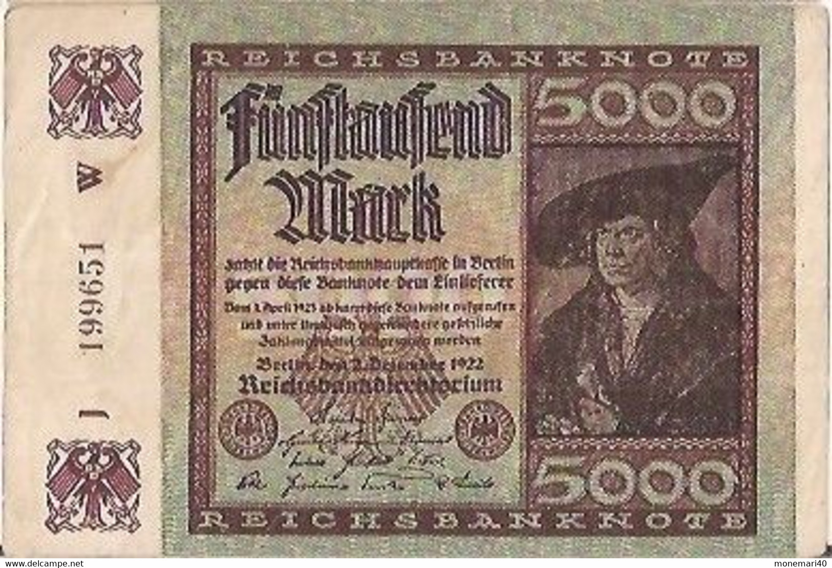 ALLEMAGNE 5000 MARK - J 199651 W - REICHSBANKNOTE - 2 DÉCEMBRE 1922 - 5000 Mark