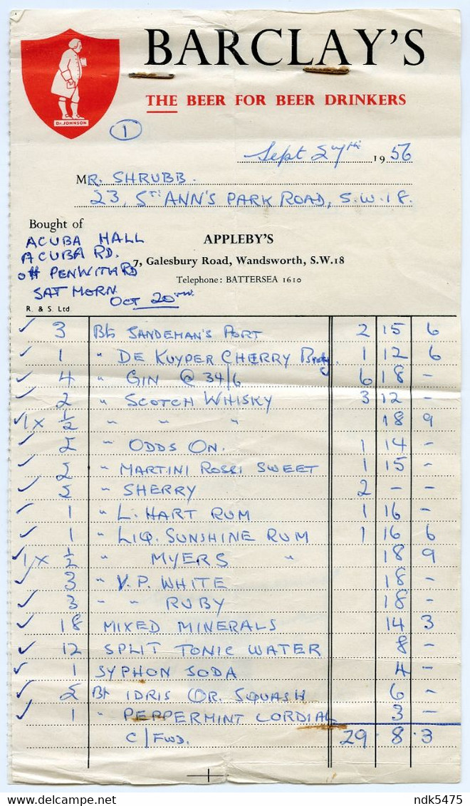 BARCLAY'S BEER : Order Form - Appleby's Wine Merchants, Wandsworth, Galesbury Road, St. Ann's Park Road, Acuba Hall 1956 - Royaume-Uni