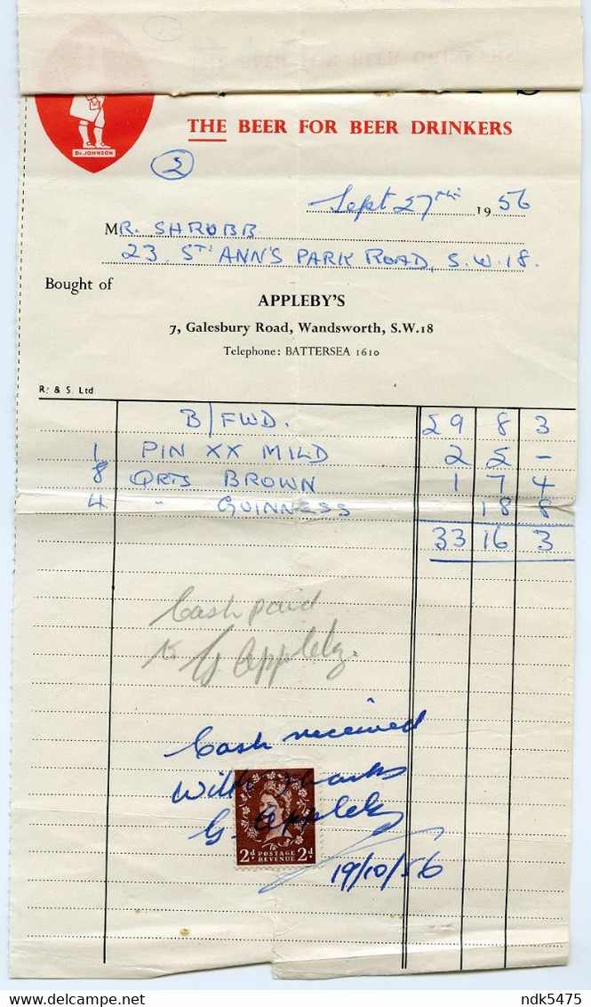 BARCLAY'S BEER : Order Form - Appleby's Wine Merchants, Wandsworth, Galesbury Road, St. Ann's Park Road, Acuba Hall 1956 - Royaume-Uni