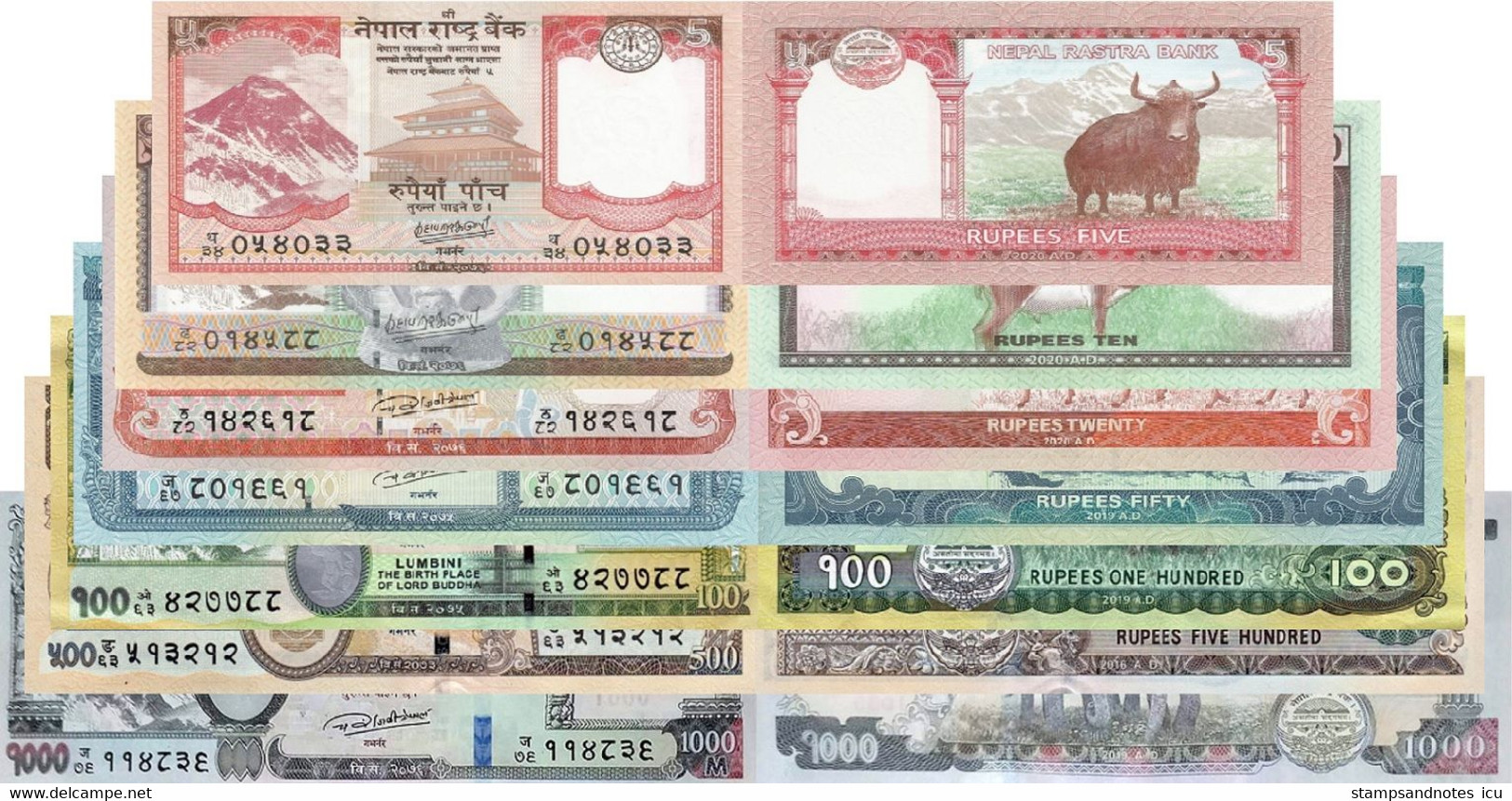 NEPAL 5 10 20 50 100 500 1000 Rupees 2016 - 2020 P 76 77 78 79 80 81 82 UNC Set Of 7v - Népal