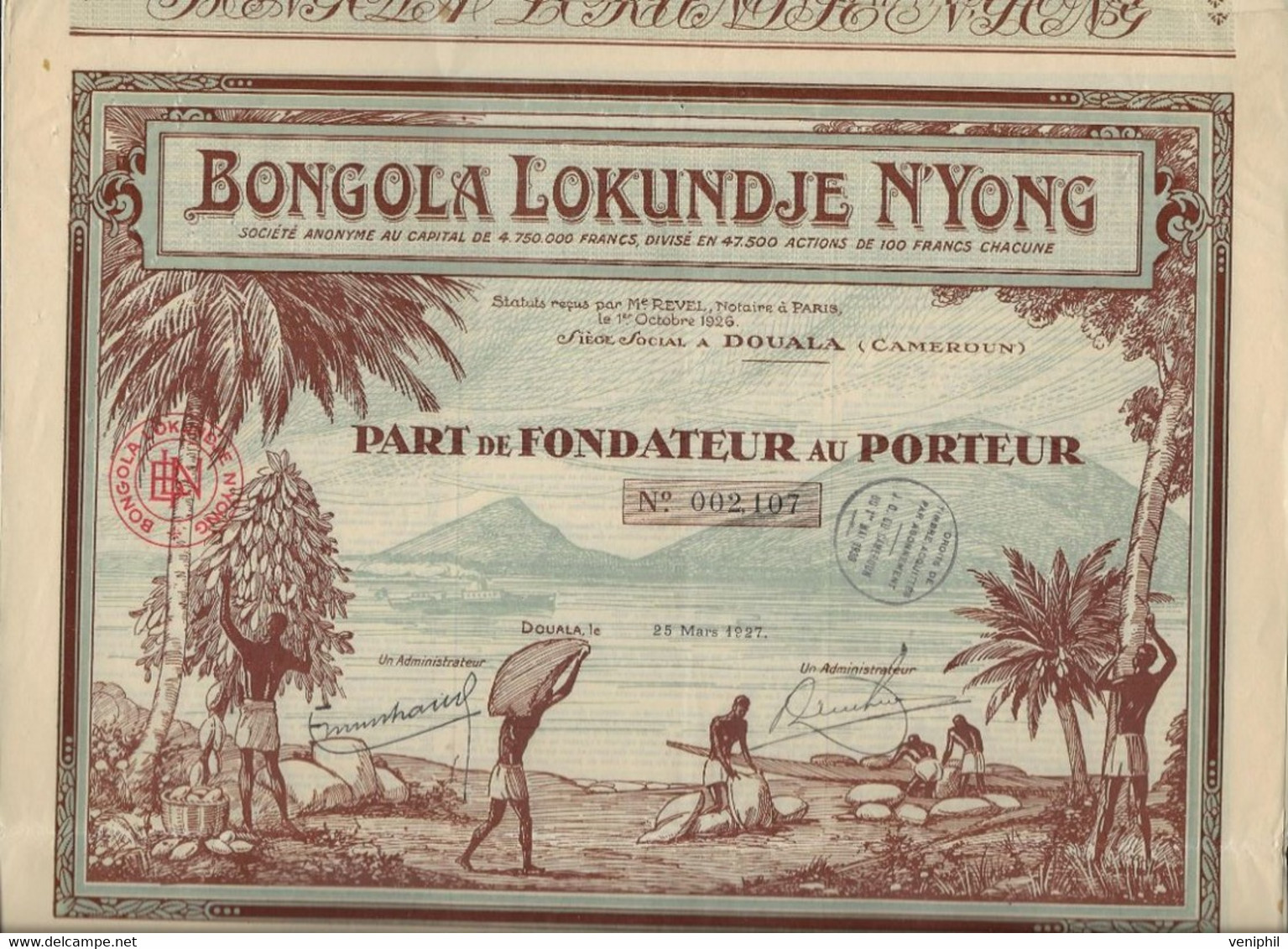 BONGOLA LOKUNDJE N'YONG - DOUALA - CAMEROUN -  2 PARTS DE FONDATEUR ILLUSTRE ANNEE 1927 - Afrika