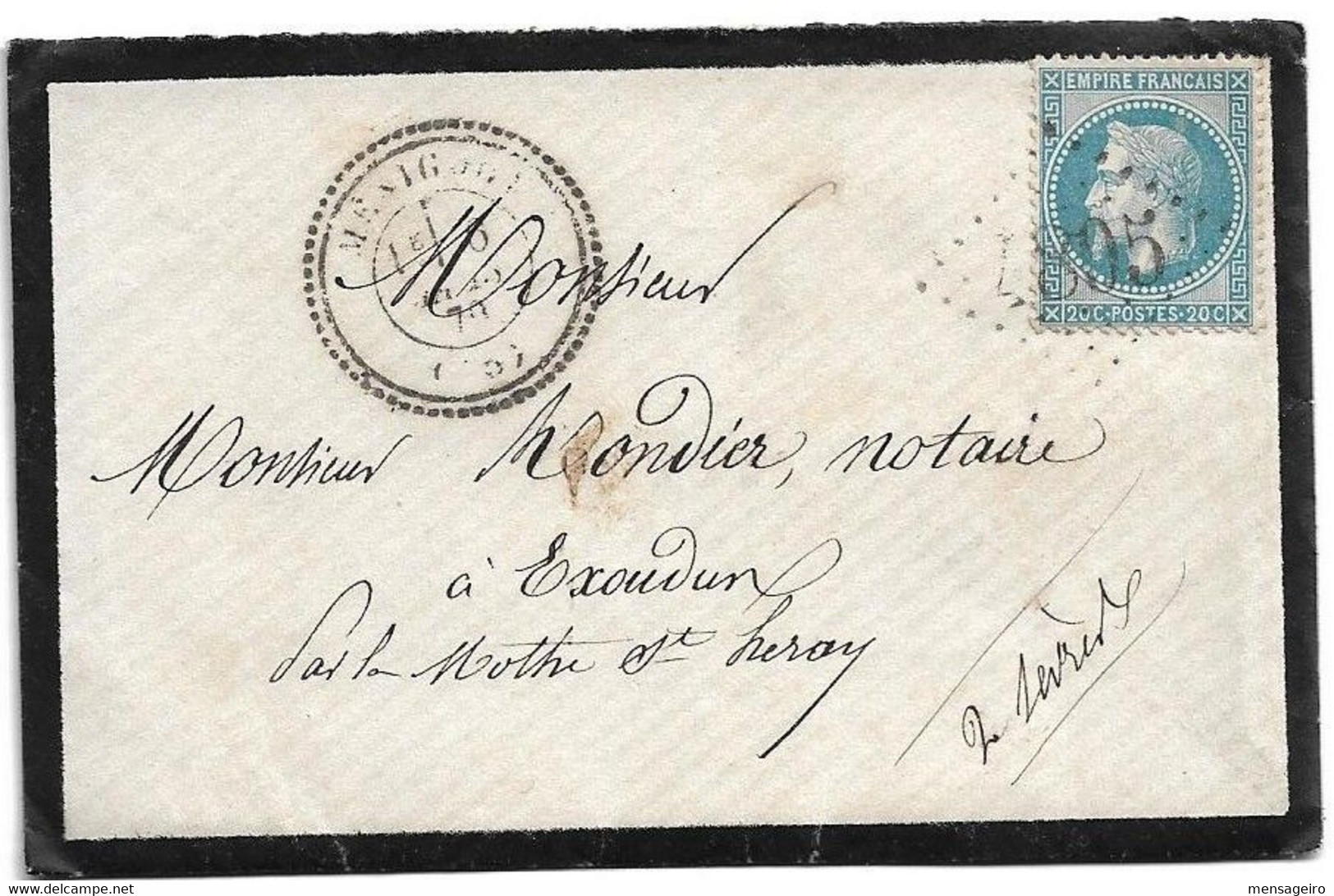 (C04) - Y&T N°29 LETTRE MENIGOUTE => EXOUDUN PAR LA MOTHE ST HERAY DEUX SEVRES 1870 - CACHET TYPE 24 + LOSANGE GC 4805 - 1849-1876: Klassieke Periode