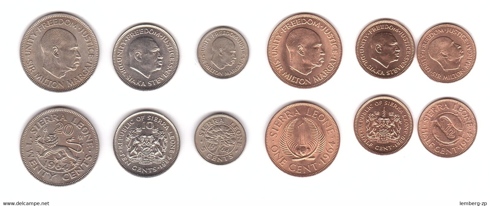 Sierra Leone - Set 6 Coins 1/2 1/2 1 5 10 20 Cents 1964 - 1984 AUNC / XF - Sierra Leone