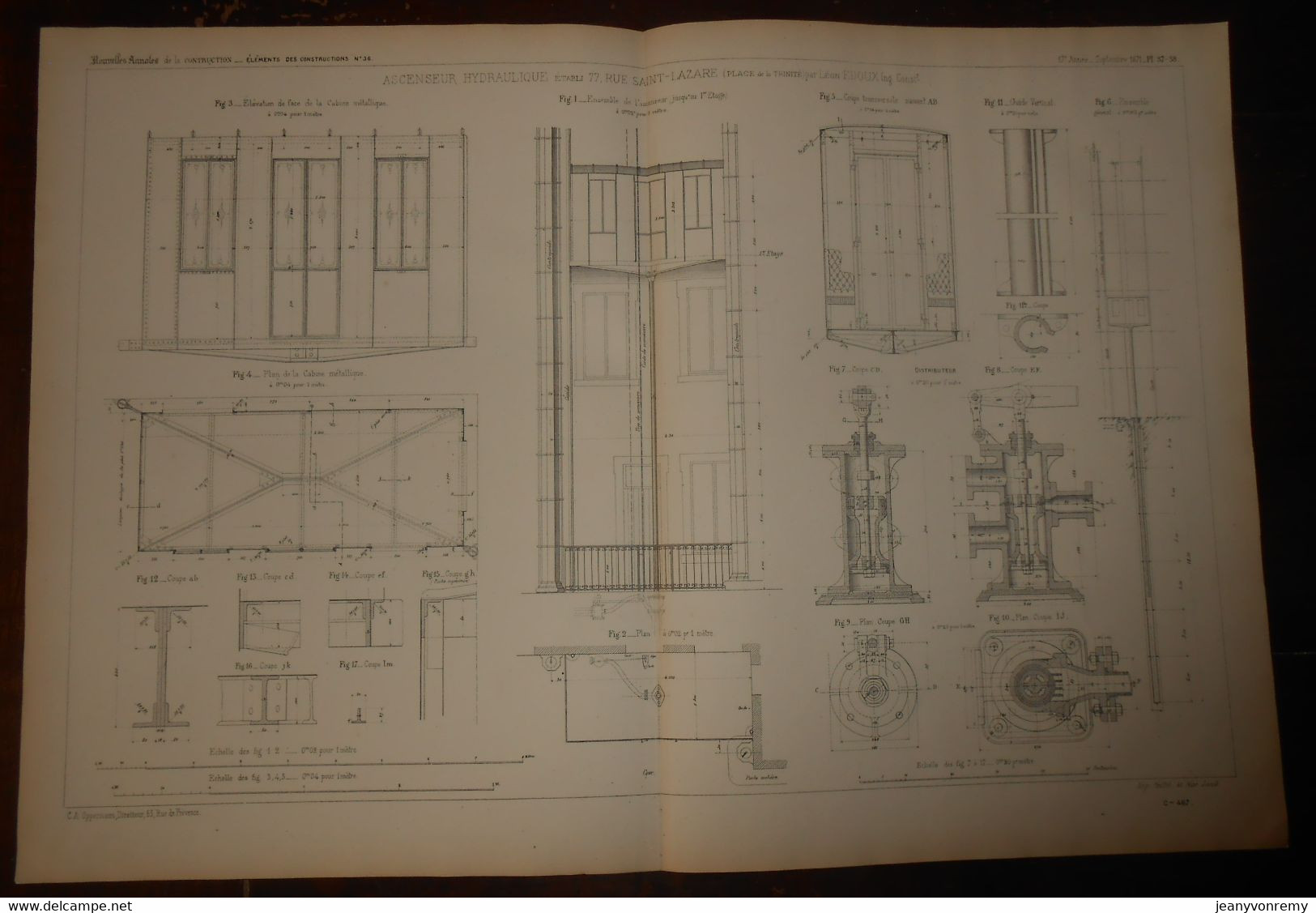 Plan D'un Ascenseur Hydraulique établi 77, Rue Saint-Lazare Par Léon Edoux. 1871. - Other Plans