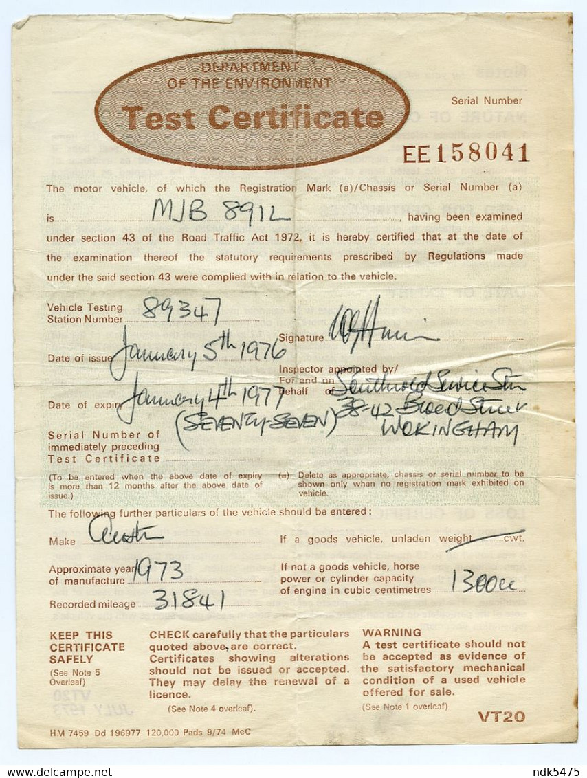 M.O.T. TEST CERTIFICATE - SOUTHWOLD SERVICE STATION, WOKINGHAM, 1976 - Royaume-Uni