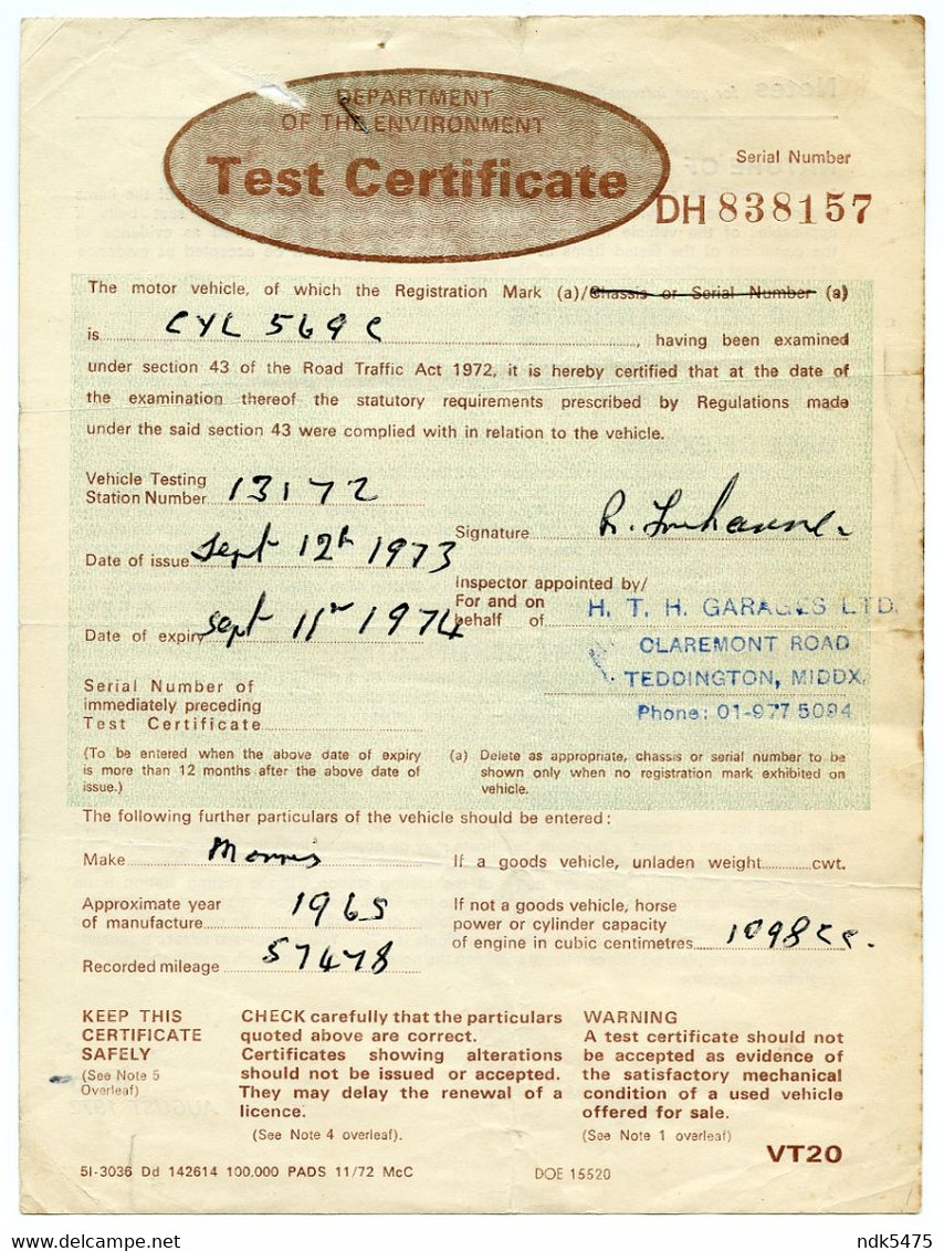 M.O.T. TEST CERTIFICATE - H. T. H. GARAGES, CLAREMONT ROAD, TEDDINGTON, 1973 - Royaume-Uni