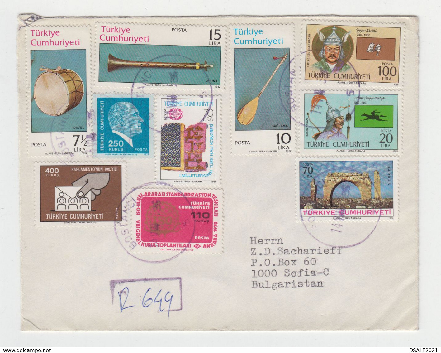 Turkey 1985 Registered Cover With Many Topic Topical Stamps Music Instruments Sent Abroad To Bulgaria (1110) - Cartas & Documentos