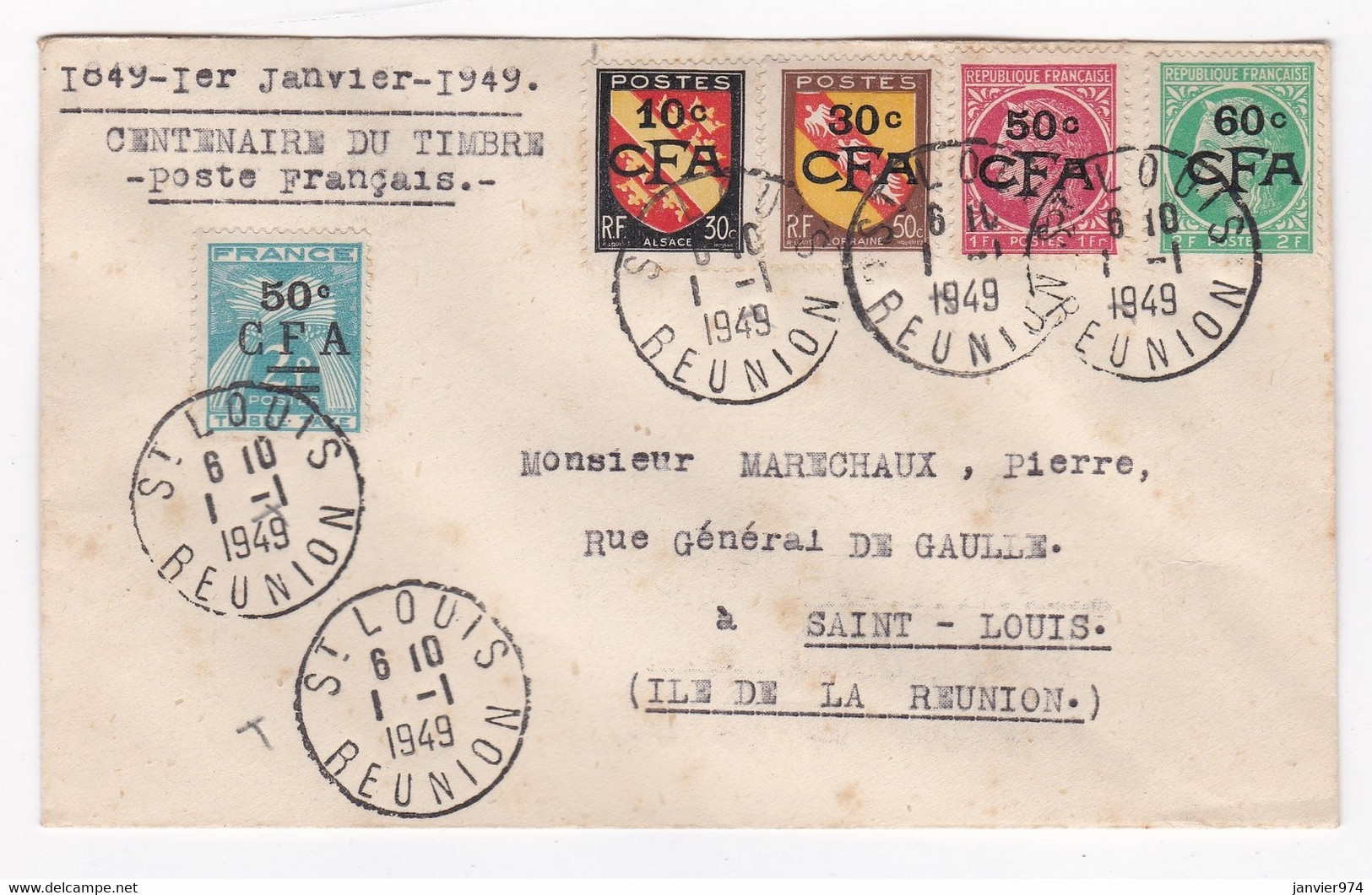 REUNION . Lettre Centenaire Du Timbres 1949 , CFA , Pour Mr Marechaux P. Saint Louis - Storia Postale