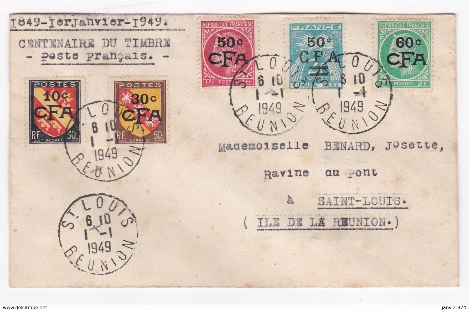 REUNION . Lettre Centenaire Du Timbres 1949 , CFA , Pour Mlle Benard Josette Saint Louis - Covers & Documents