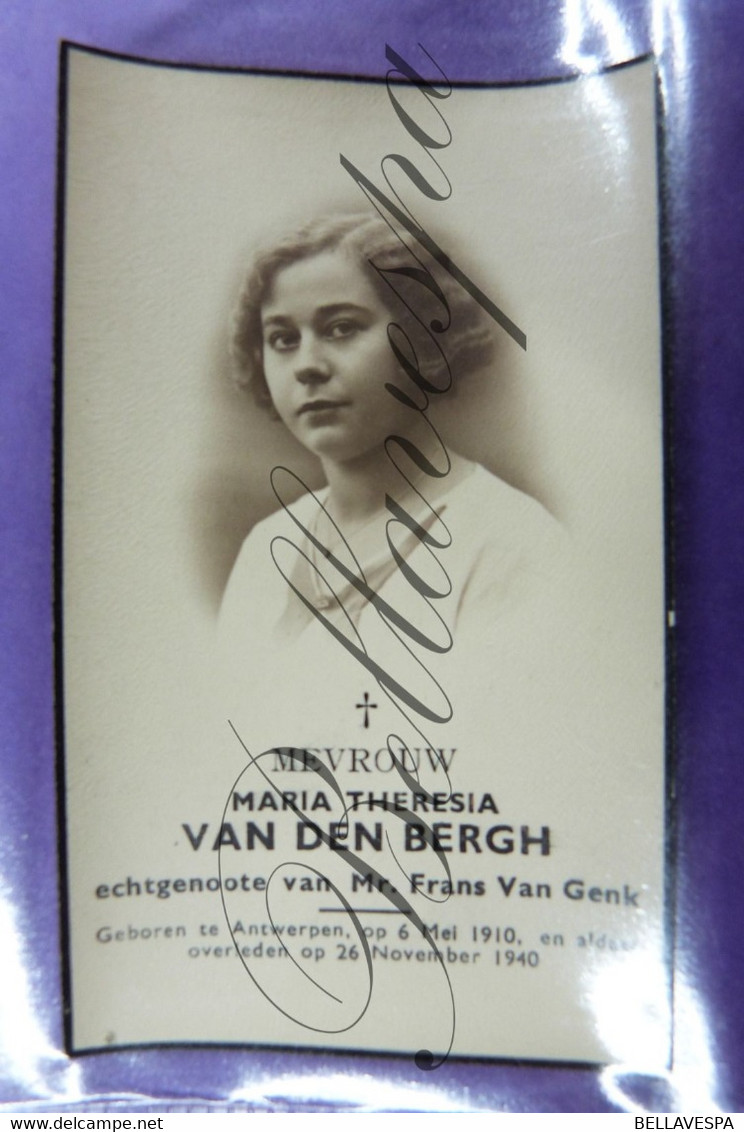 Bidprentje Maria VAN DEN BERGH Echt F. Van Genk. Antwerpen 1910 -1940 - Andachtsbilder