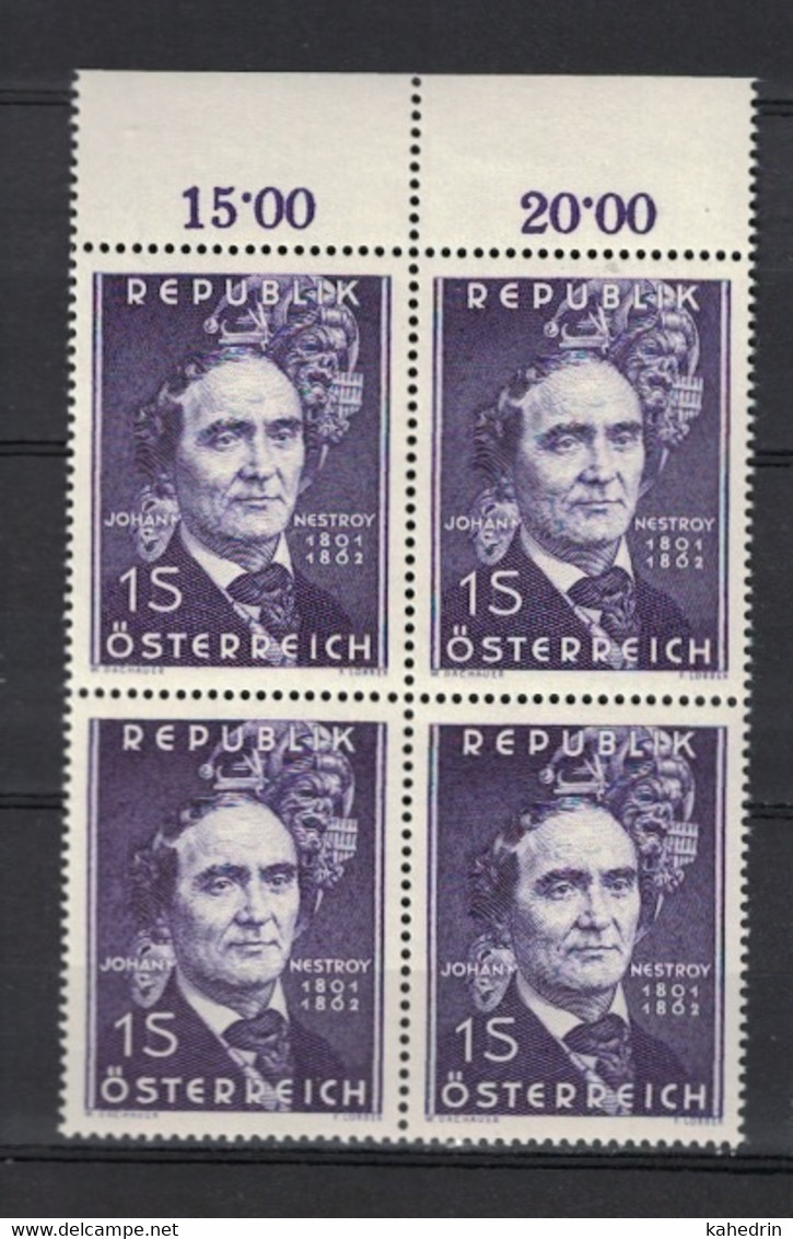 Österreich / Austria 1962, Johann Nestroy **, MNH, Block Of 4, Margin - Nuevos