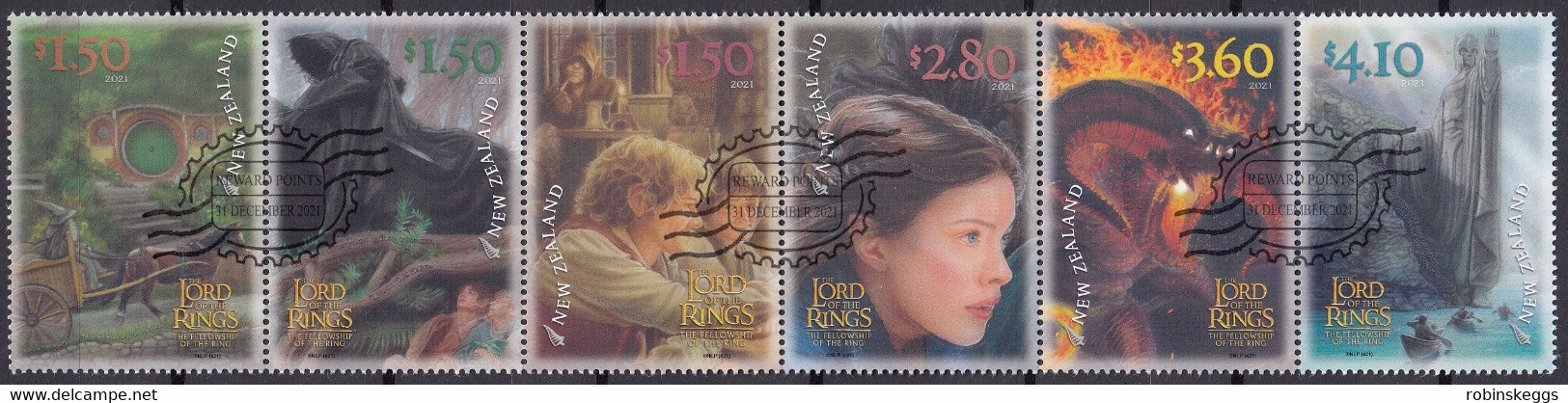 NEW ZEALAND 2021 Lord Of The Rings: Fellowship 20th Anniv., Set Of 6 In Strip CTO - Vignettes De Fantaisie