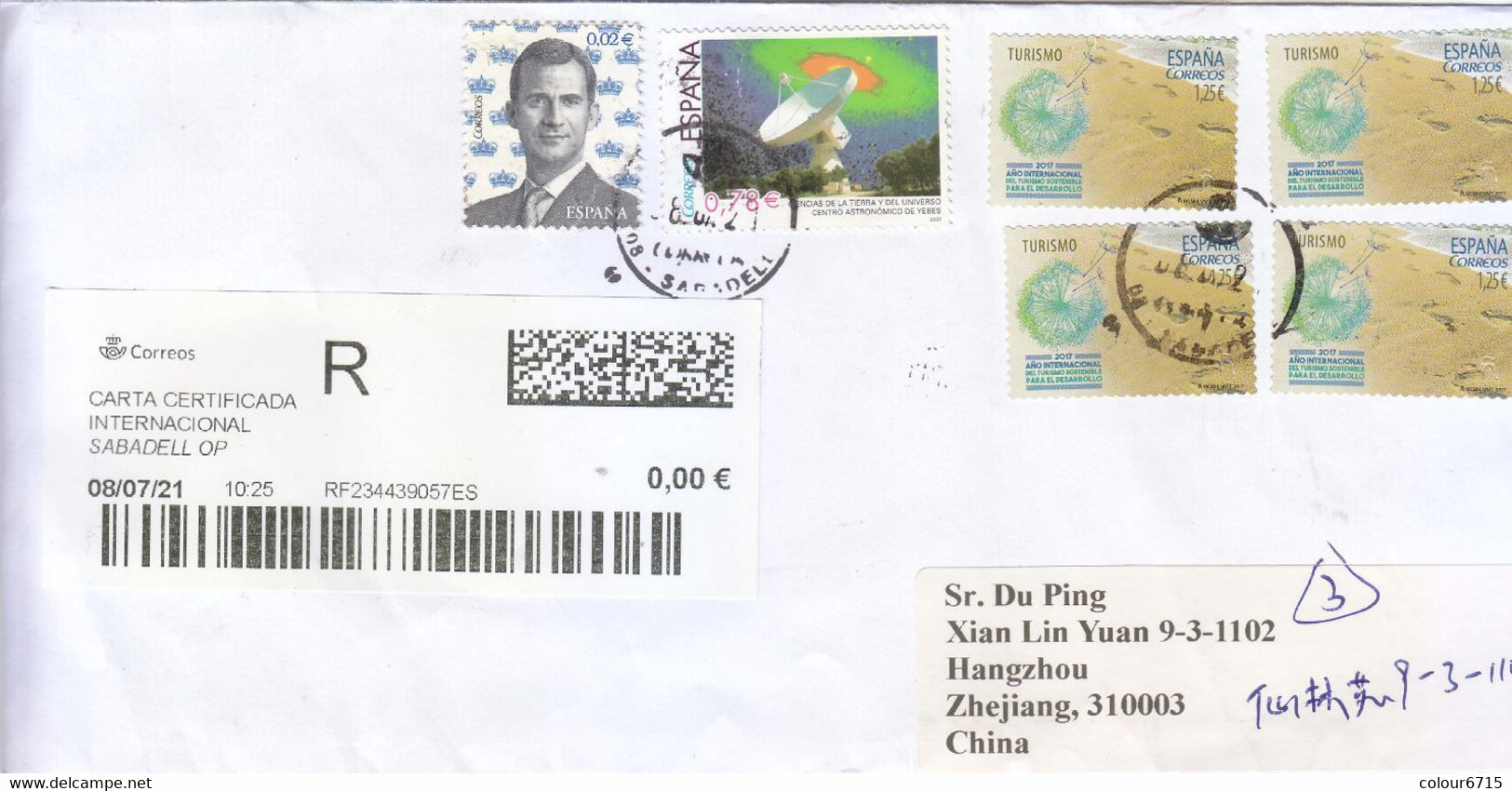 Spain 2021 Air Registered Mail Cover To China — 2017 Tourism/2007 Astronomy Stamps - Covers & Documents