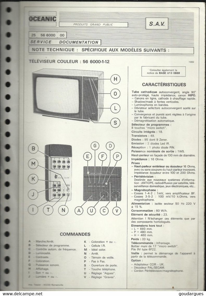 Oceanic - Note Technique : Téléviseur Couleur : 56 6000-1-12 - Television