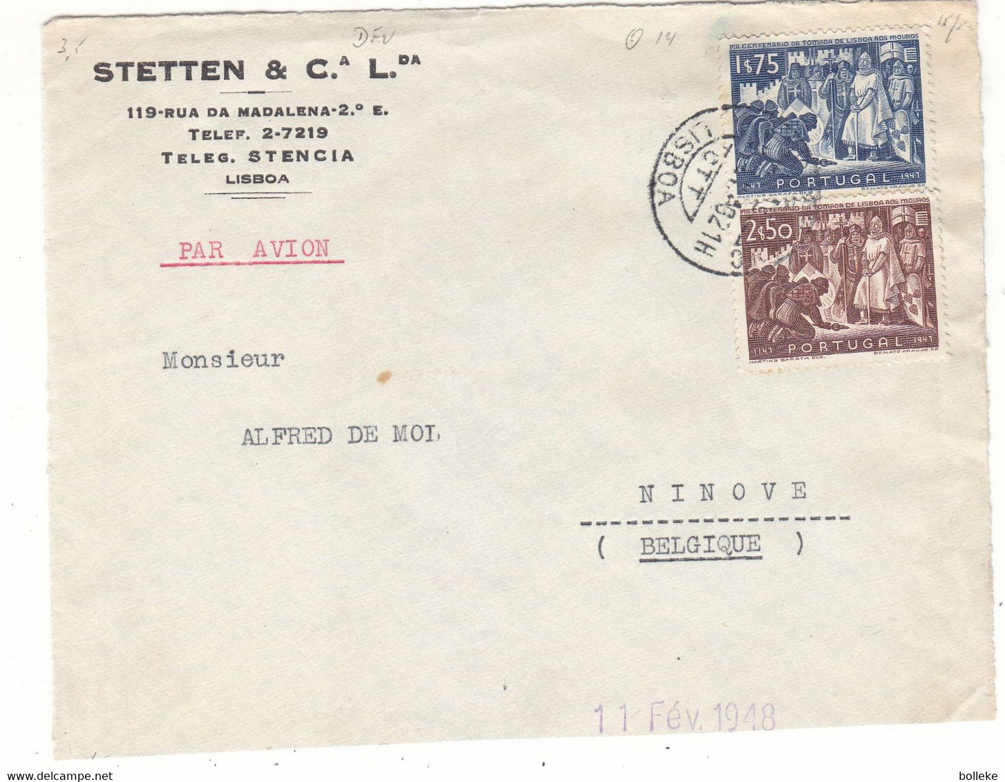 Portugal - Devant De Lettre De 1948 - Oblit Lisboa - Exp Vers Ninove - Valeur Oblitéré = 14 Euros - Covers & Documents