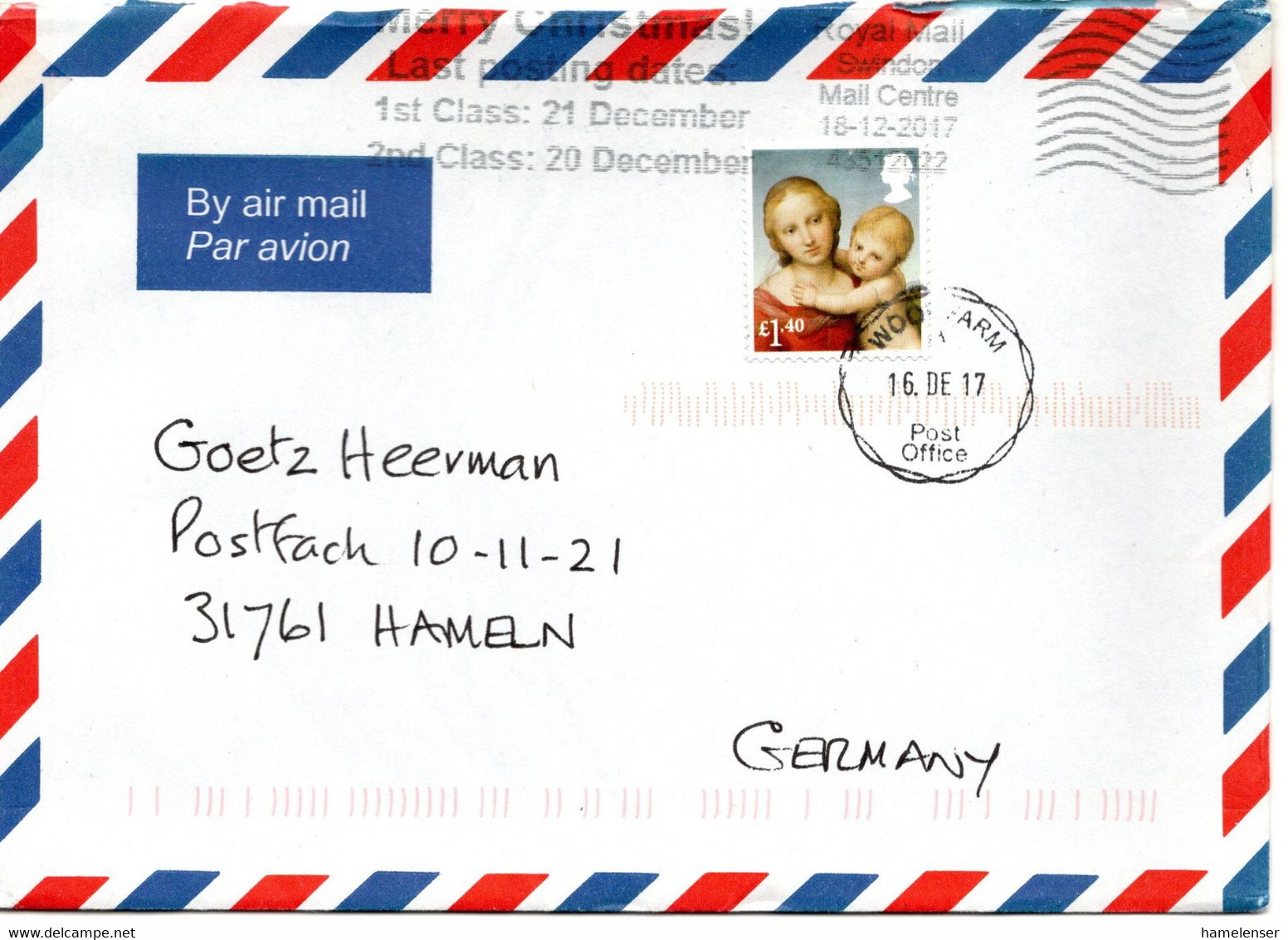 57990 - Grossbritannien - 2017 - £1.40 Weihnachten EF A LpBf WOODFARM -> Deutschland - Lettres & Documents