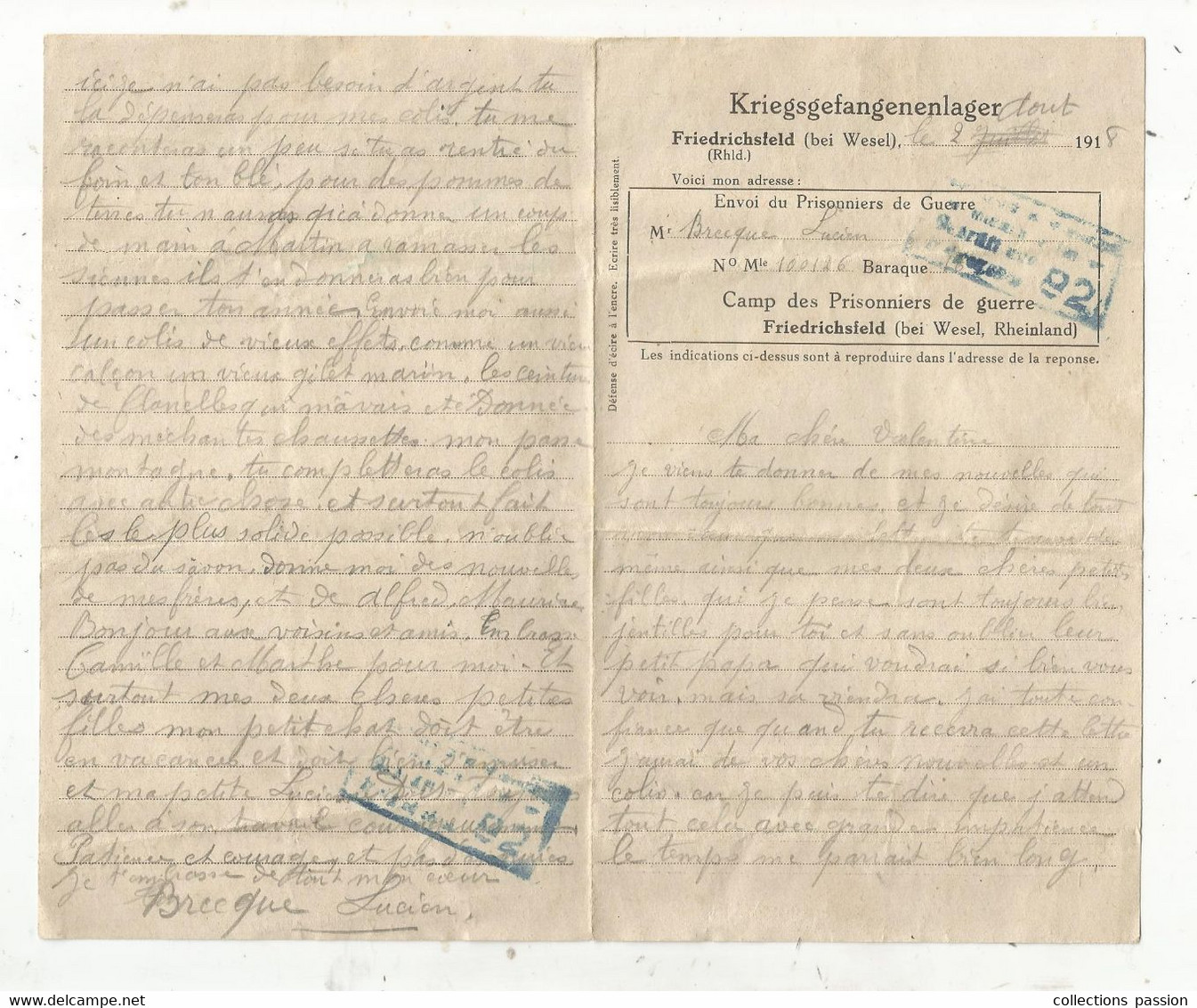 Militaria , Kriegsgefangenenlager , 1918 , Friedrichsfeld Bei Wesel, Camp De Prisonniers De Guerre , Frais Fr 1.75 E - Ohne Zuordnung