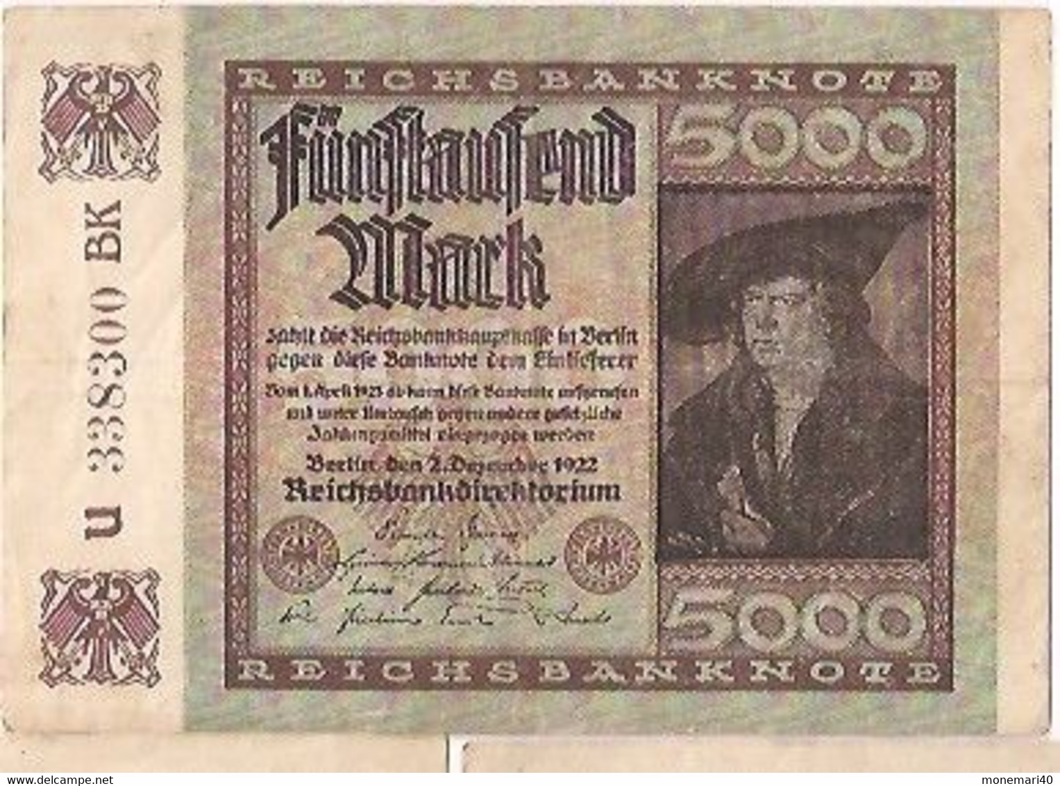 ALLEMAGNE 5000 MARK - U 338300 BK - REICHSBANKNOTE - 2 DÉCEMBRE 1922 - 5000 Mark