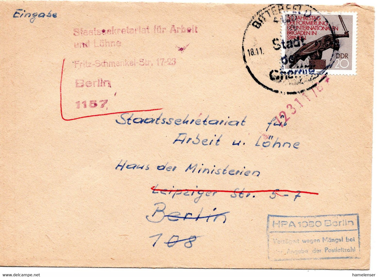 58000 - DDR - 1987 - 20Pfg Int. Brigaden EF A Bf BITTERFELD - STADT DER CHEMIE -> Berlin, Falsch Adressiert - Covers & Documents