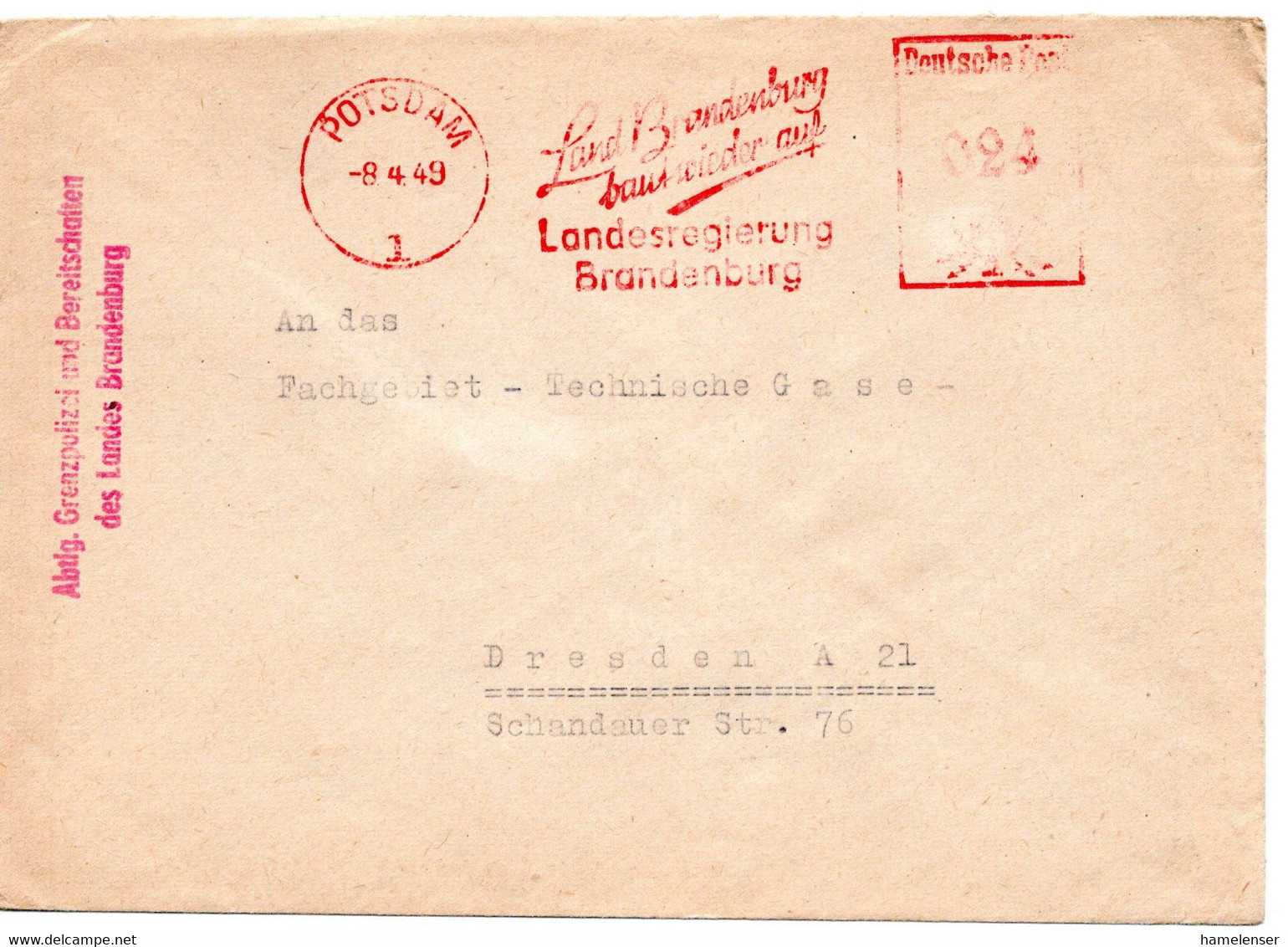 58001 - Deutschland / SBZ - 1949 - 24Pfg AbsFreistpl POTSDAM - LAND BRANDENBURG BAUT WIEDER AUF -> Dresden - Polizei - Gendarmerie