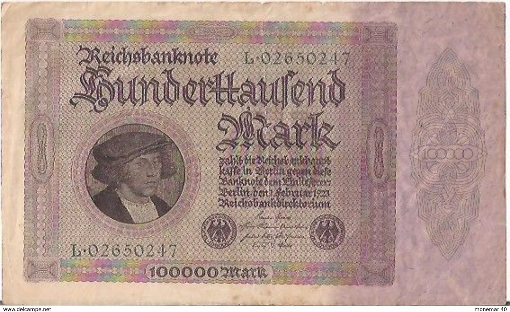 ALLEMAGNE 100000 MARK -L - 02650247 - REICHSBANKNOTE - 1 FEVRIER 1923 - 100.000 Mark