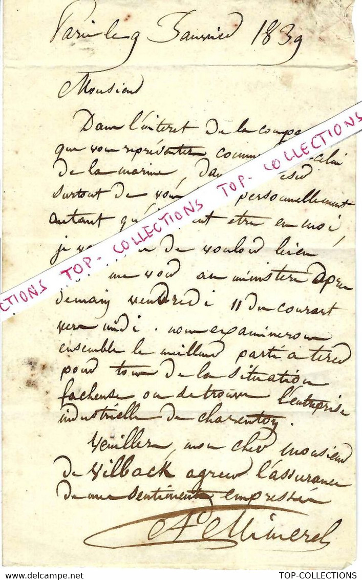 1839 LETTRE Forges Fonderie De Charenton Le Pont Région Paris De Vilback INGENIEUR  Sign.A.  Mimerel V .FAMILLE MIMEREL - Historical Documents