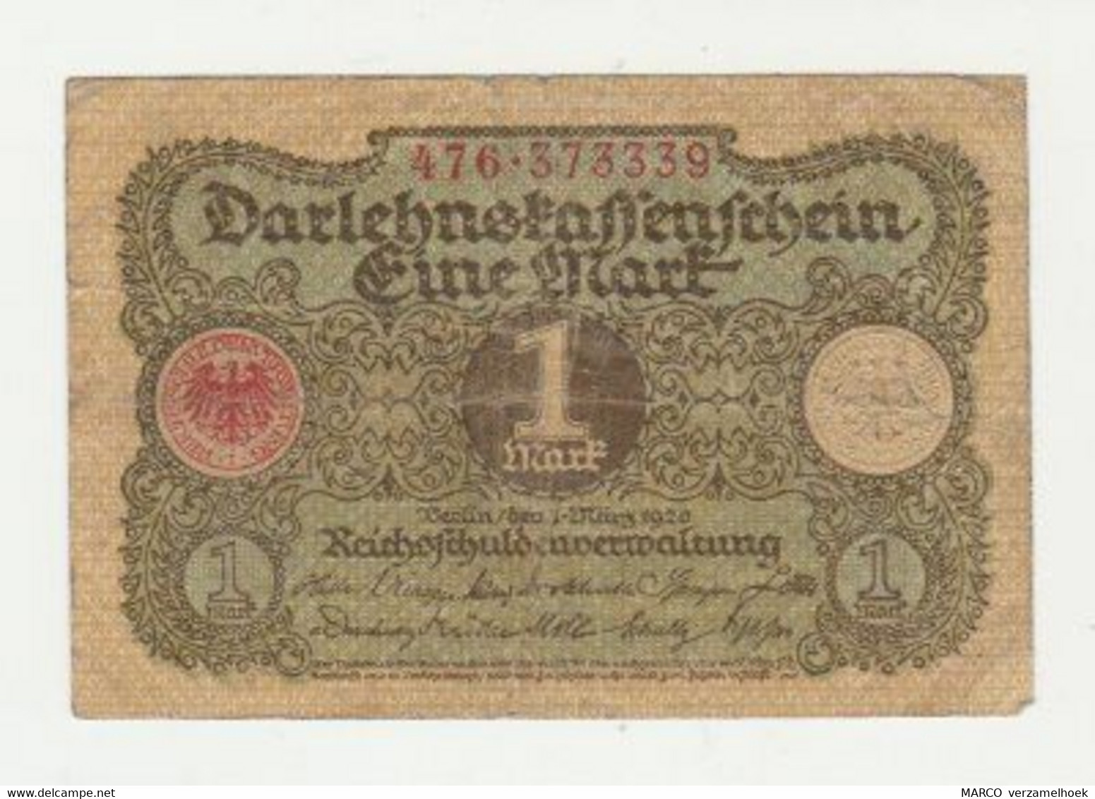 Used Reichsbanknote Darlehenkassenschein 1 Mark 1920 - 1 Mark