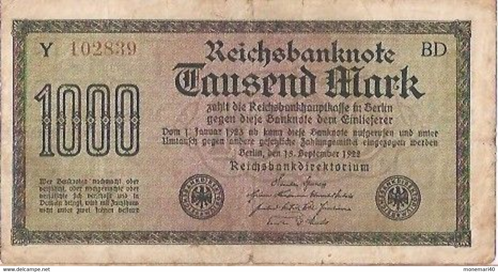 ALLEMAGNE 1000 MARK -Y 102839 BD - REICHSBANKNOTE - 15 SEPTEMBRE 1922 - 1000 Mark