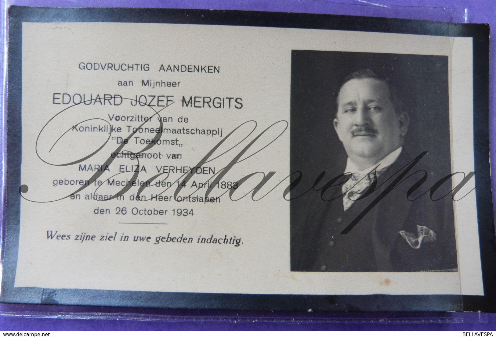 Mechelen Edouard Jozef MERGITS Toneelmaatschappij "De Toekomst" Echt. M. Verheyden -1883-1934 - Andachtsbilder