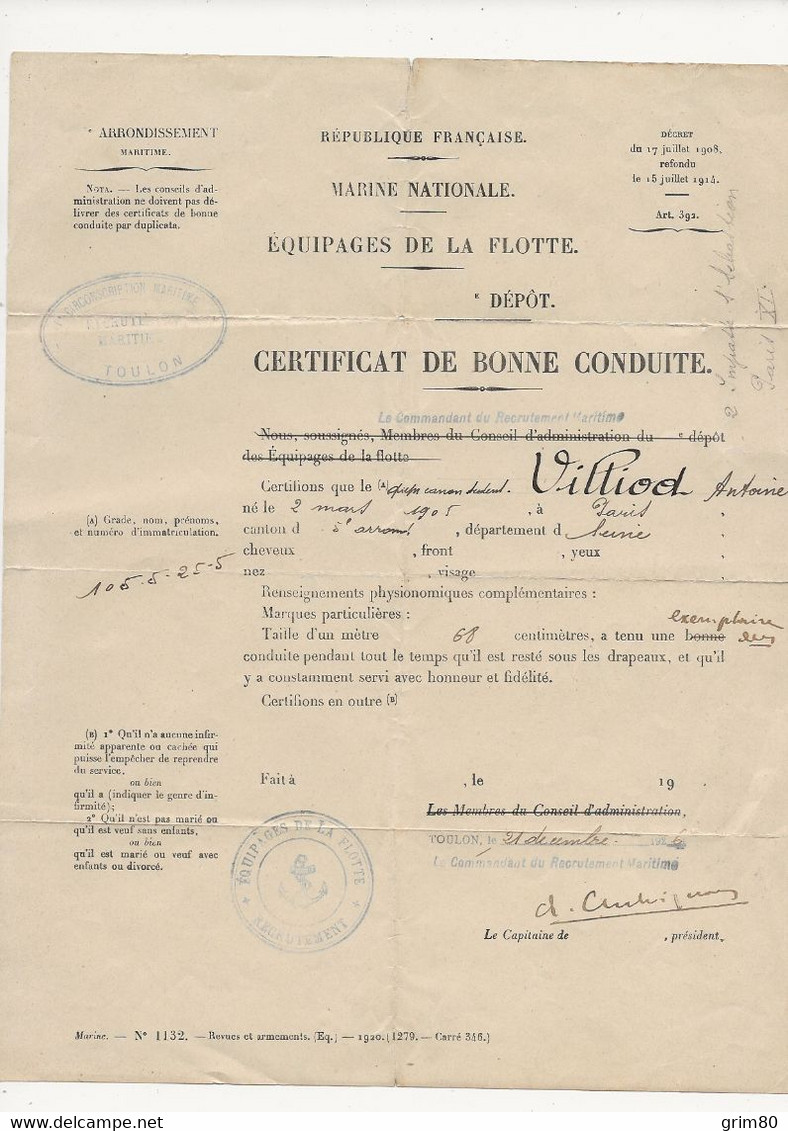 CERTIFICAT  DE BONNE CONDUITE      MARINE   NATIONALE - Dokumente