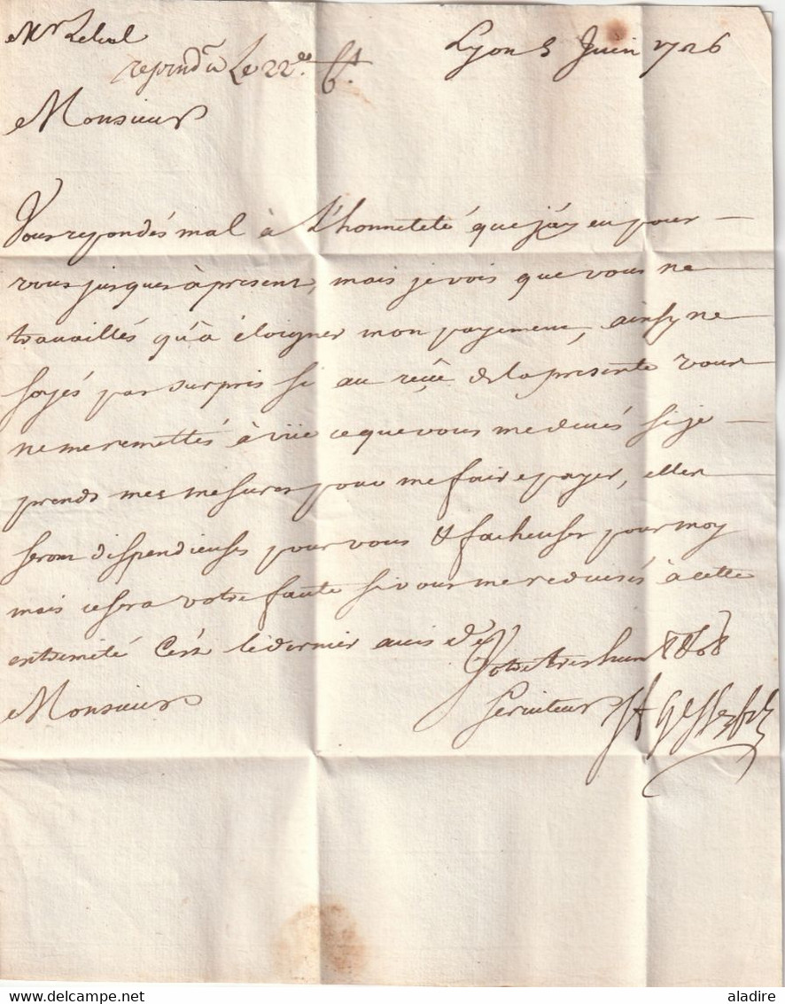 1726 - Marque Postale DELYON - 31 x 4 mm - sur Lettre pliée avec correspondance de Lyon vers Nancy