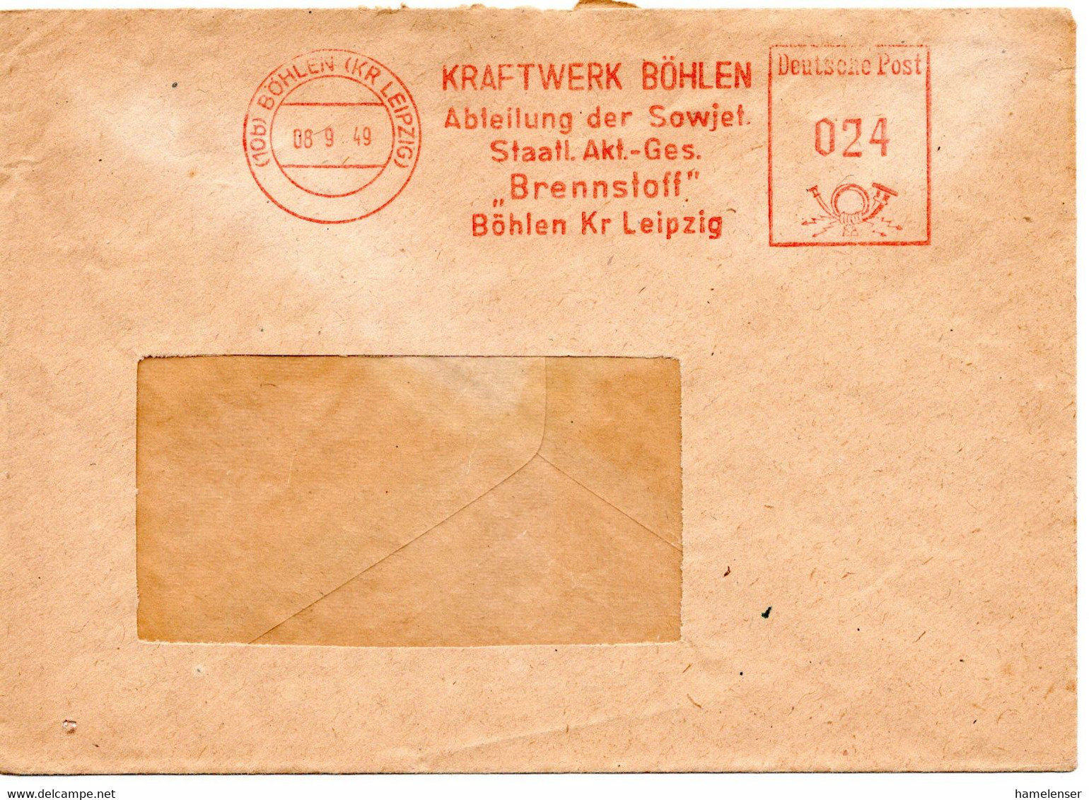 58018 - Deutschland / SBZ - 1949 - 24Pfg AbsFreistpl A Fensterbf BOEHLEN - KRAFTWER BOEHLEN ... - Sonstige & Ohne Zuordnung