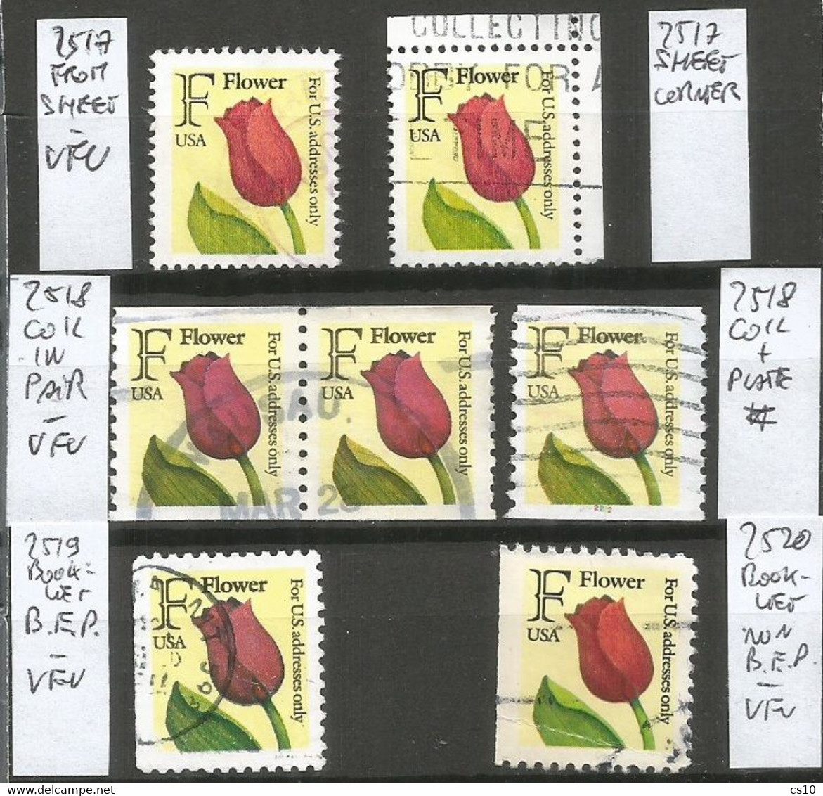 USA 1991 Tulip "F" Rate SC.#2517/20 Cpl 4+2v Set : Sheet + Corner, Coil + Table #, Booklet Perf Block+ Line - Mainly VFU - Coils & Coil Singles