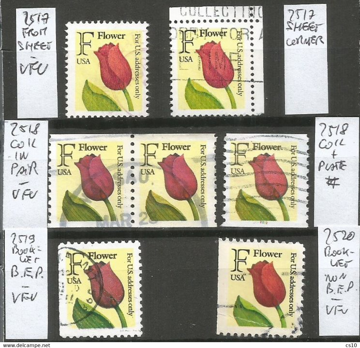 USA 1991 Tulip "F" Rate SC.#2517/20 Cpl 4+2v Set : Sheet + Corner, Coil + Table #, Booklet Perf Block+ Line - Mainly VFU - Coils (Plate Numbers)