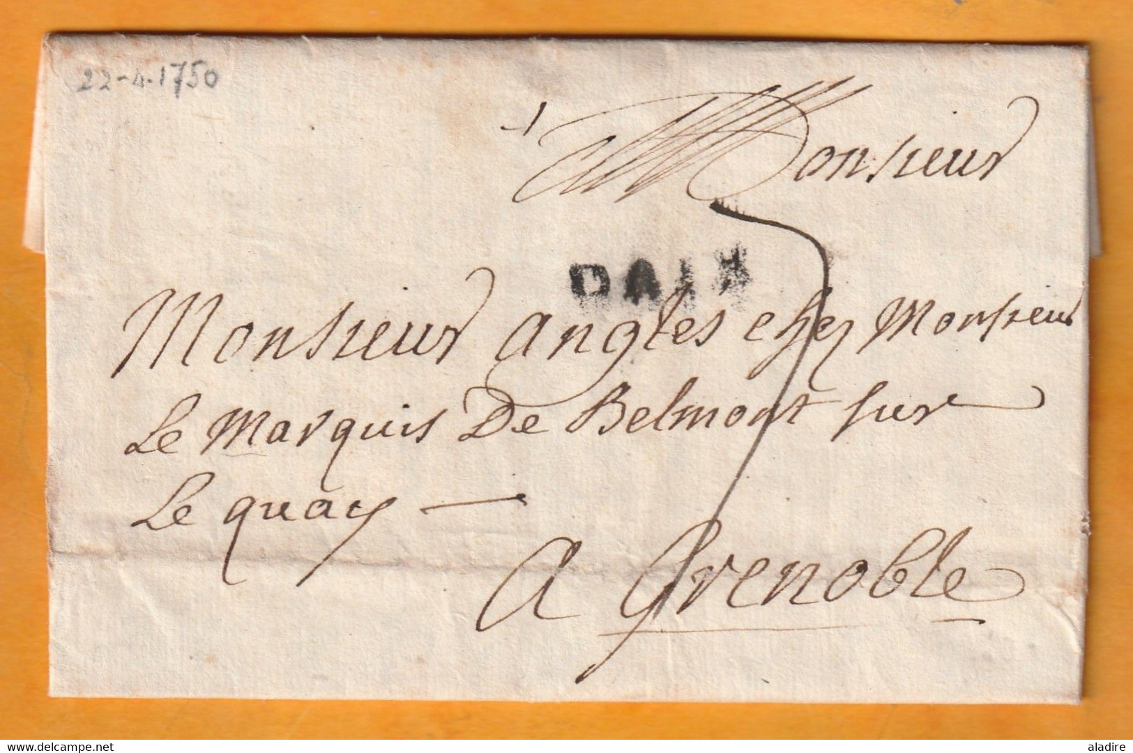 1750 - Marque Postale DAIX - 20 X 5 Mm -  Sur Lettre Pliée Avec Correspondance Vers Grenoble, Isère - Taxe 7 - 1701-1800: Vorläufer XVIII