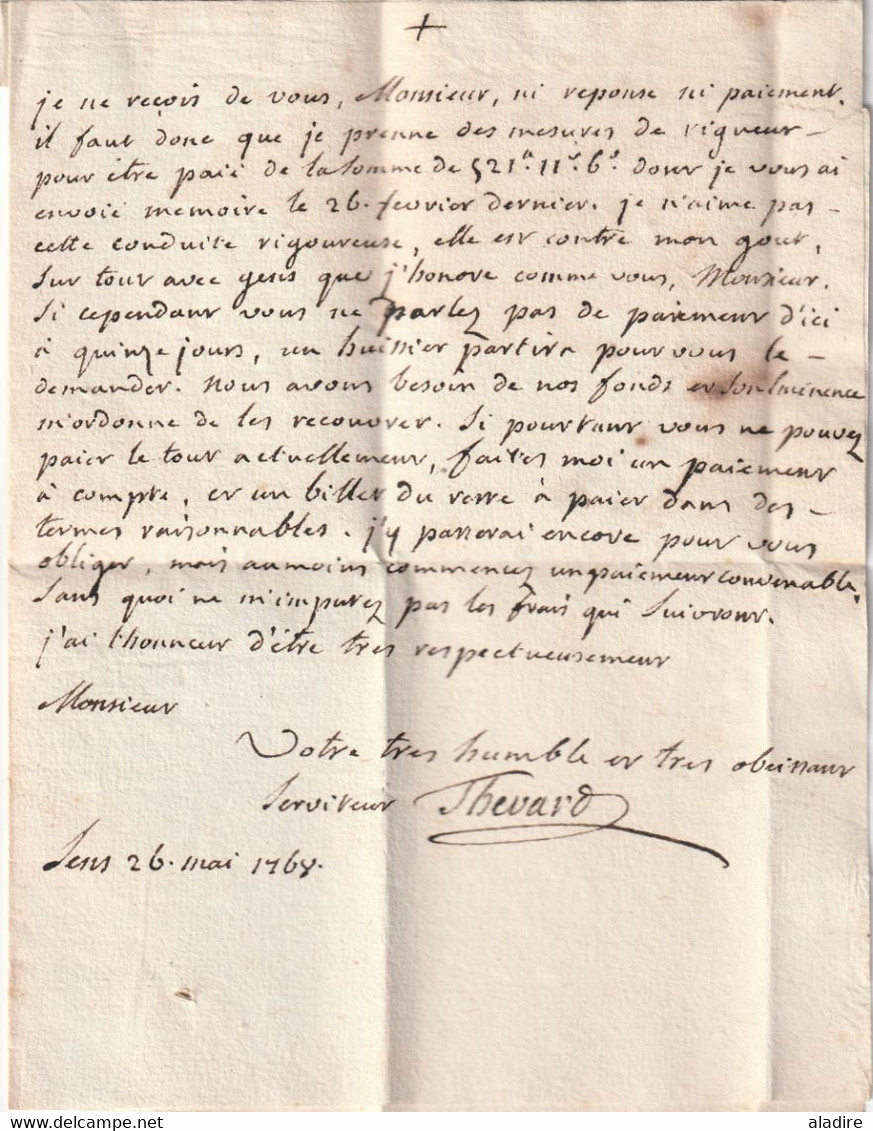 1768  - Marque Postale SENS - 12 x 4 mm - sur lettre pliée avec correspondance vers Melun, Seine et Marne