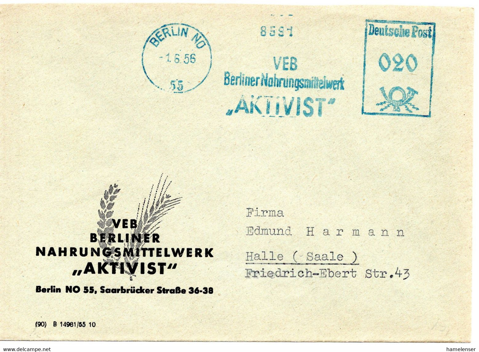 58029 - DDR - 1956 - 20Pfg. AbsFreistpl A Bf BERLIN - VEB BERLINER NAHRUNGSMITTELWERK ... -> Halle - Ernährung