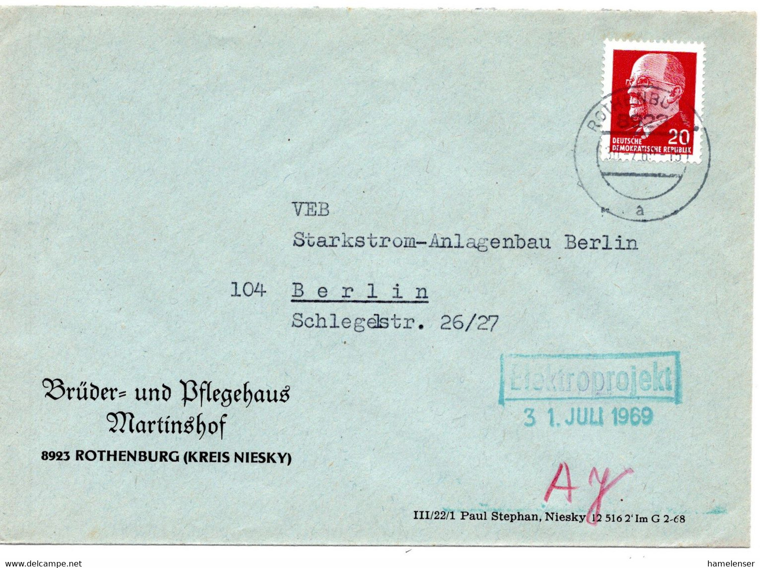 58030 - DDR - 1969 - 20Pfg. Ulbricht EF A Bf ROTHENBURG -> Berlin - Briefe U. Dokumente