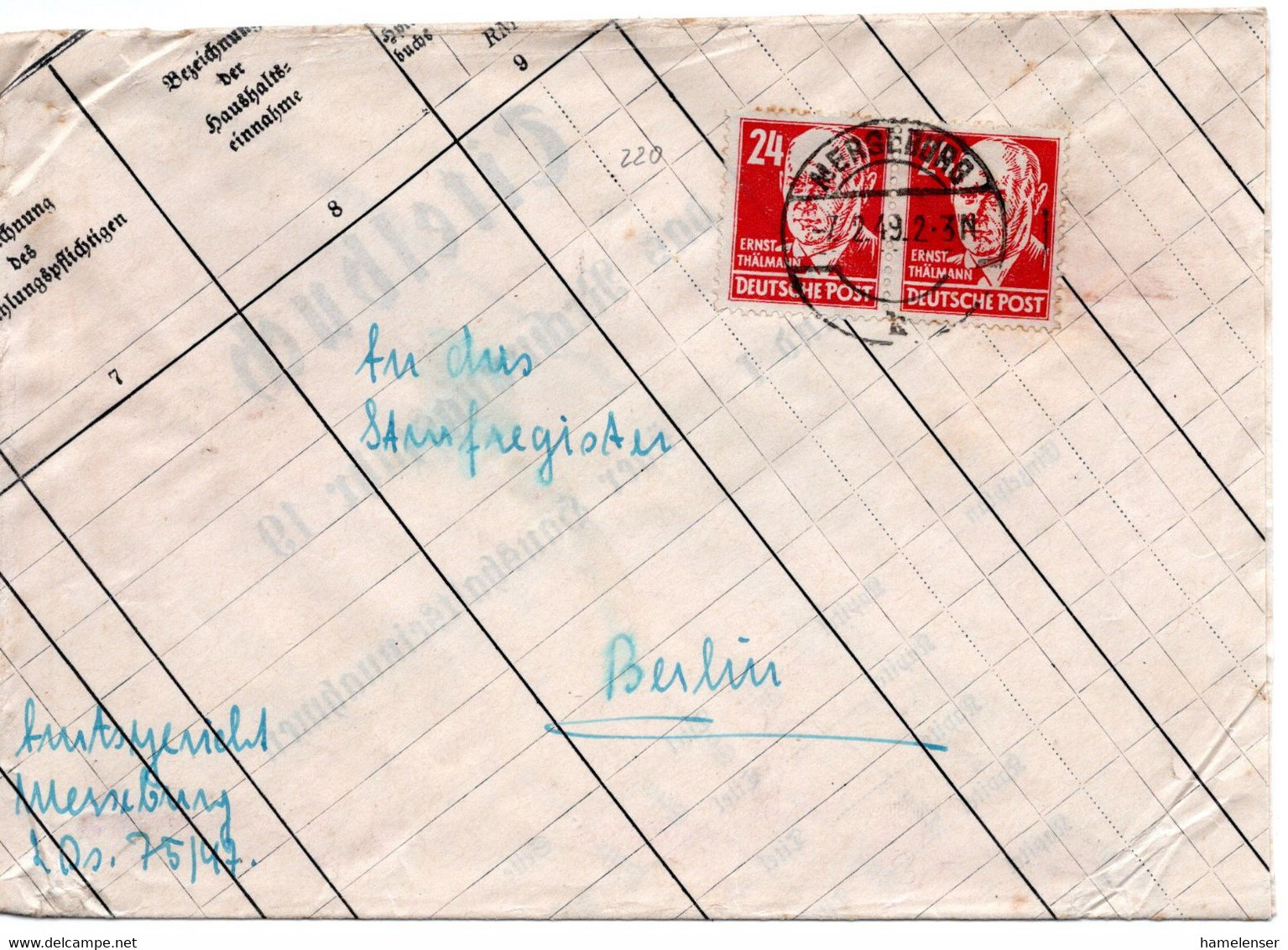 58031 - Deutschland / SBZ - 1949 - 2@24Pfg Thaelmann A Bf MERSEBURG -> Berlin - Autres & Non Classés