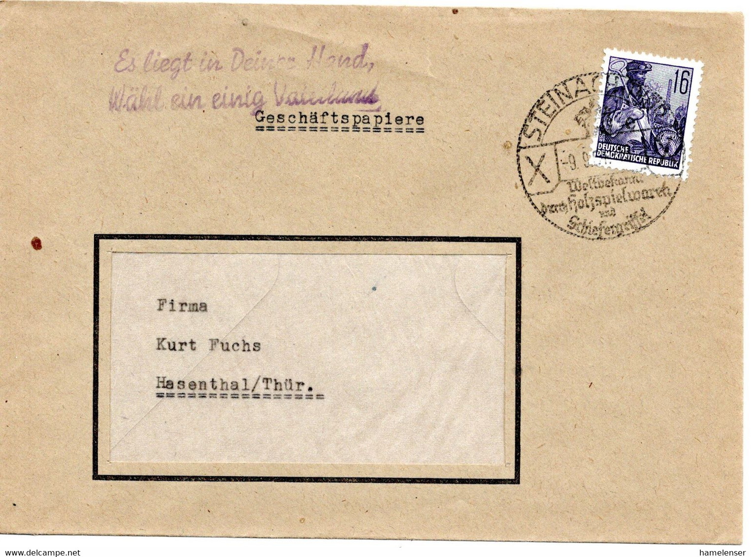58038 - DDR - 1954 - 16Pfg Fuenfjahrplan EF A GeschaeftspapiereBf STEINACH -> Hasenthal, M. Propagandastpl - Sonstige & Ohne Zuordnung